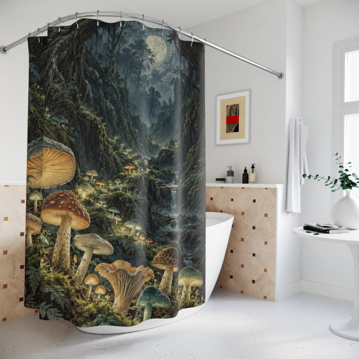 Vintage mushroom forest with glowing golden gills shower curtain beside a freestanding tub