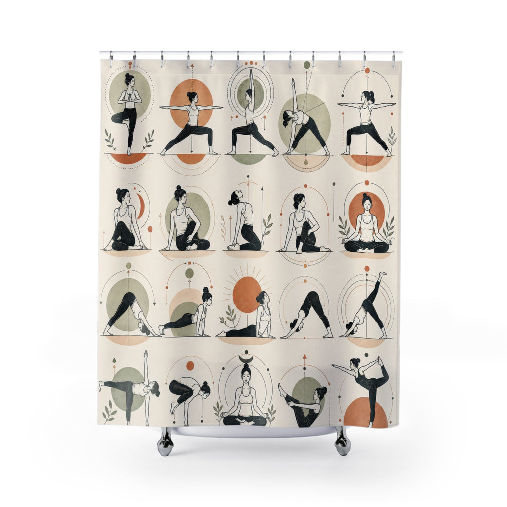 Unique Yoga Shower Curtain, Illustrated Pose Chart Art, Neutral Sage Terracotta Bathroom Decor, Wellness Studio Guest Bath Gift For Home