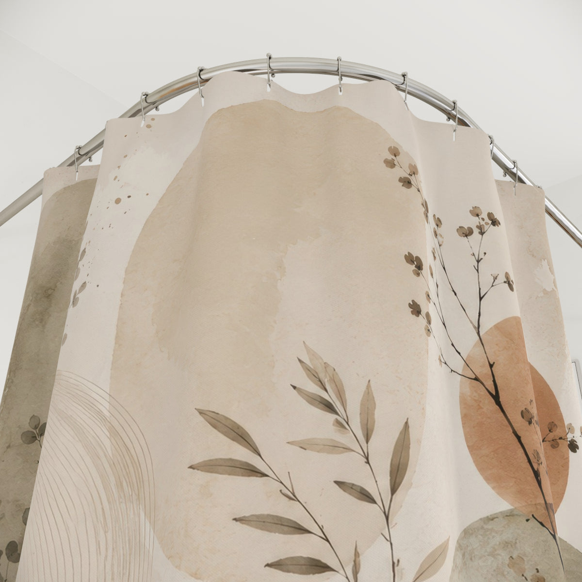 Japandi Shower Curtain: Sage Green Beige Botanical Abstract