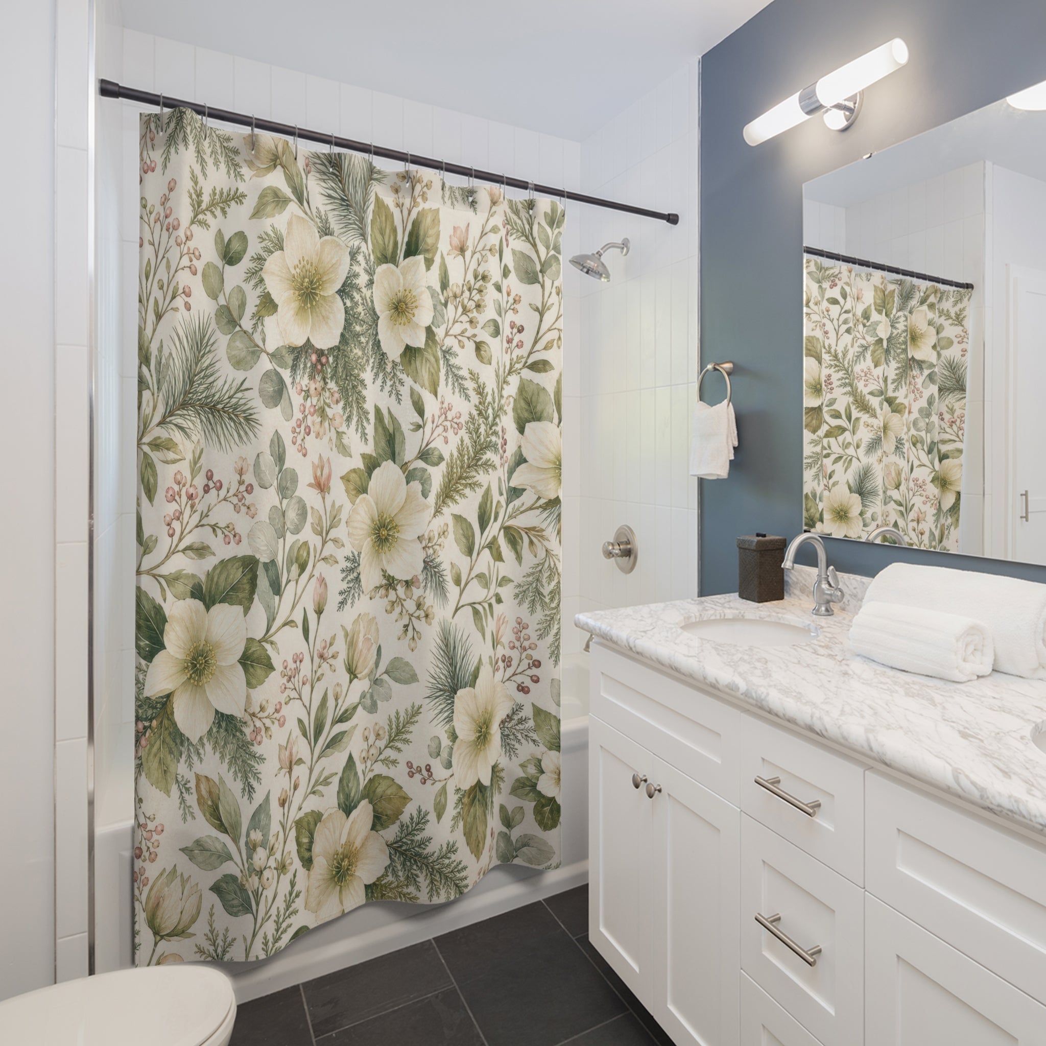 White Botanical Green Floral Shower Curtain