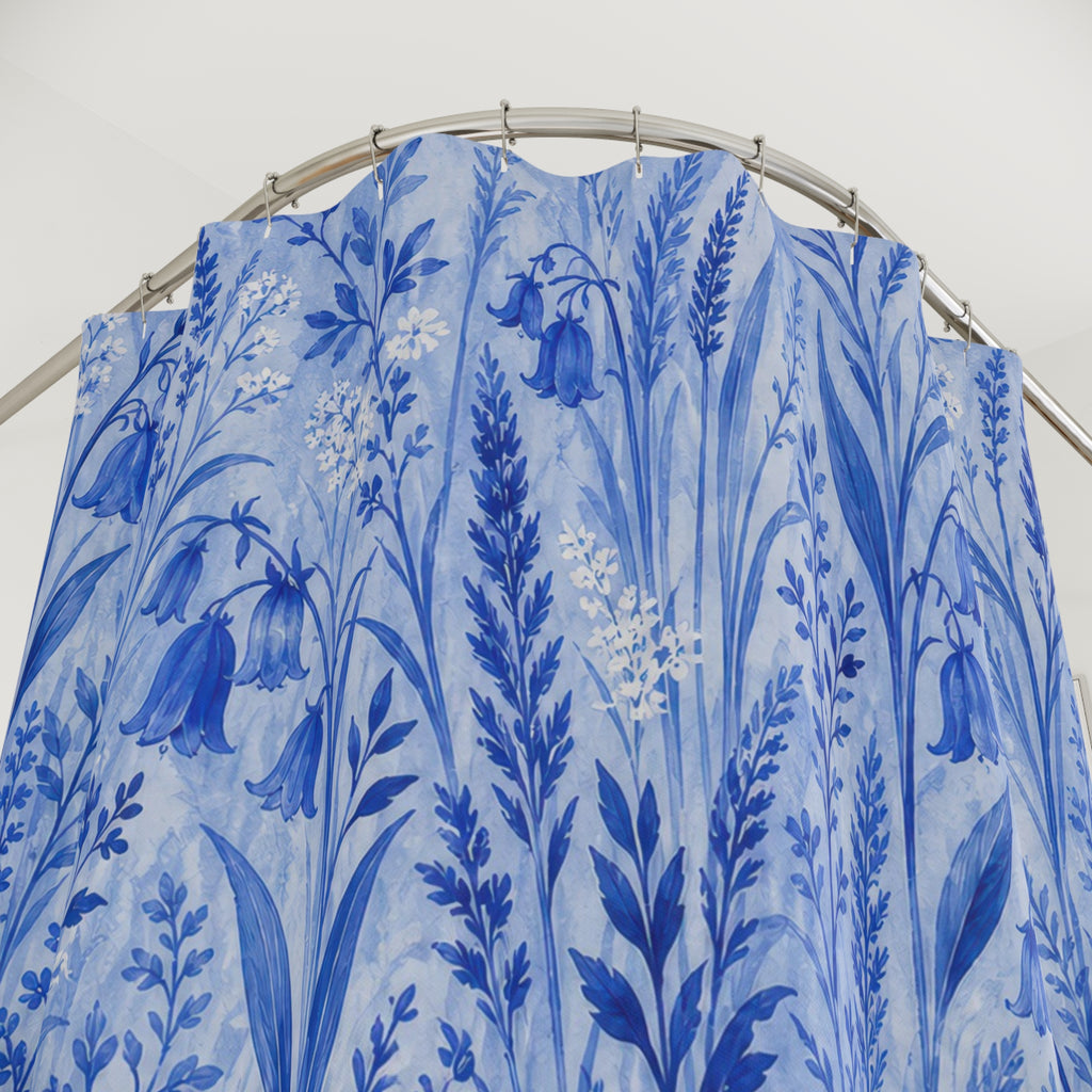 Blue Grass Botanical Shower Curtain, Blue White Nature Bathroom Decor, Botanical Meadow Bath Curtain, Guest Bath Decor, Small Bathroom Decor