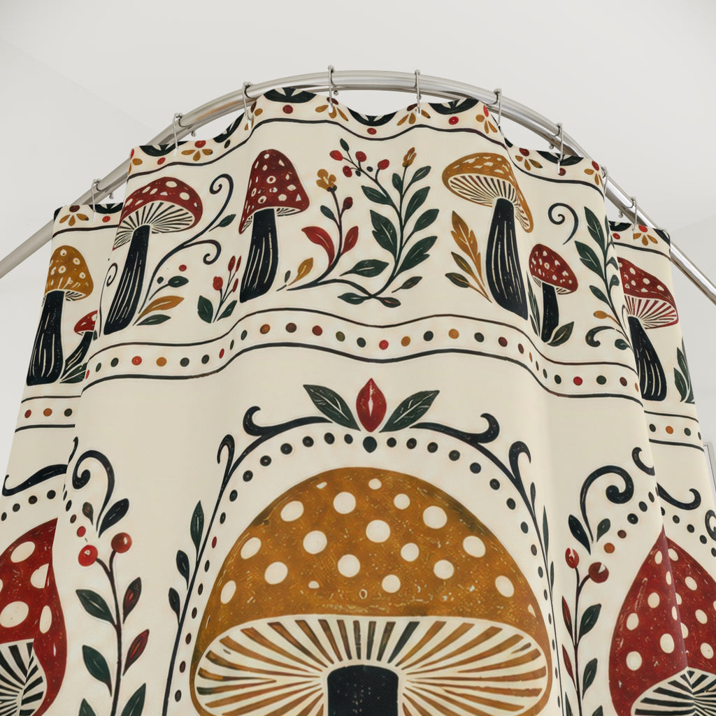 Rust and ochre mushroom folk borders on cream shower curtain with close-up print, hooks, and folds
