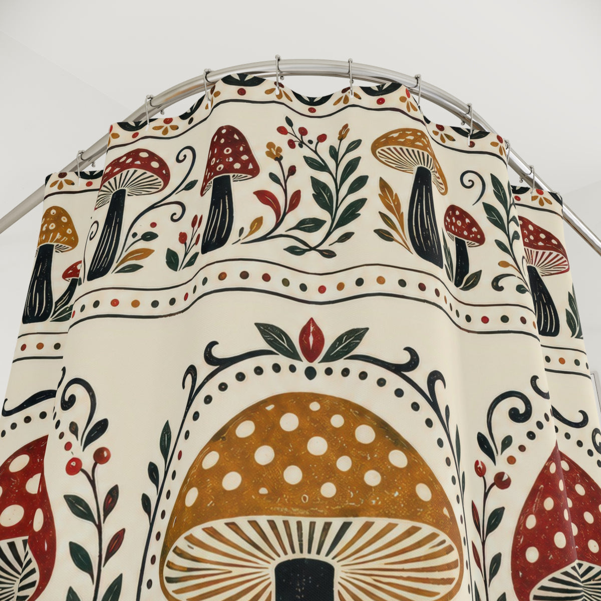 Rust and ochre mushroom folk borders on cream shower curtain with close-up print, hooks, and folds