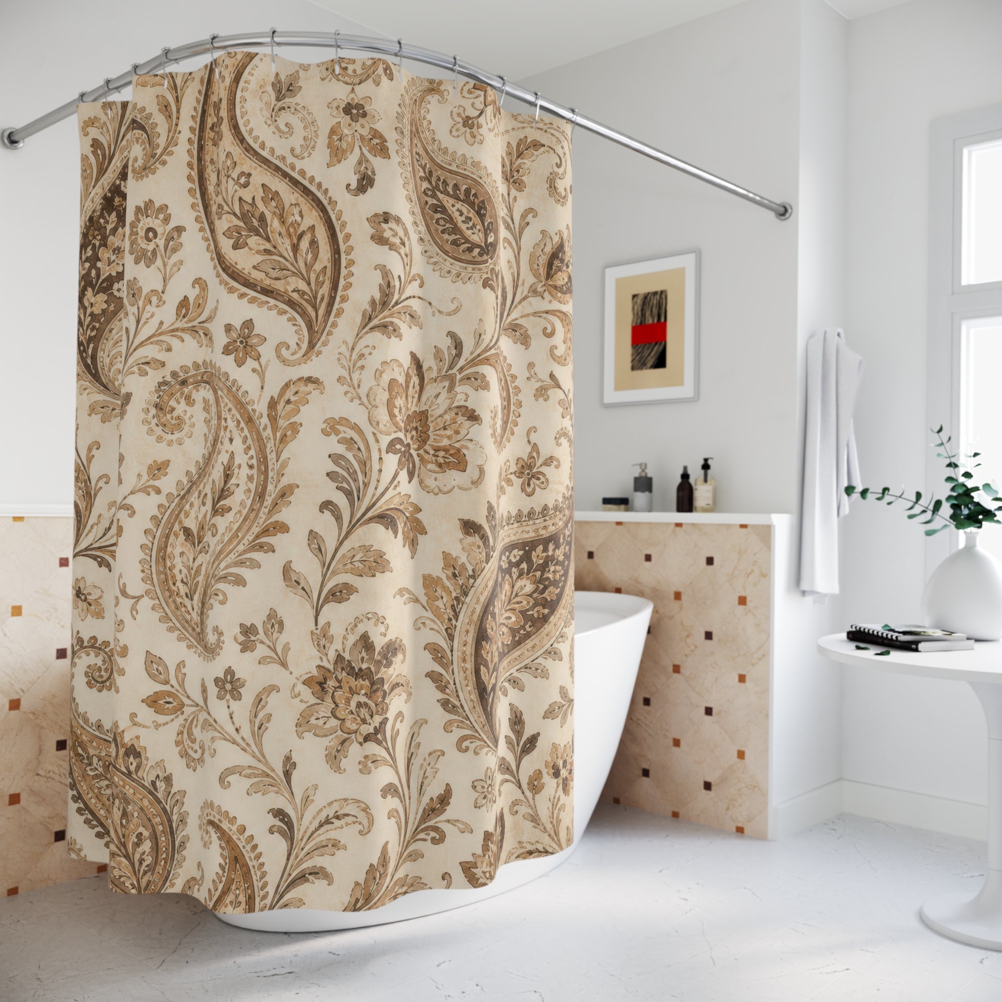 Brown Beige Botanical Scroll Shower Curtain