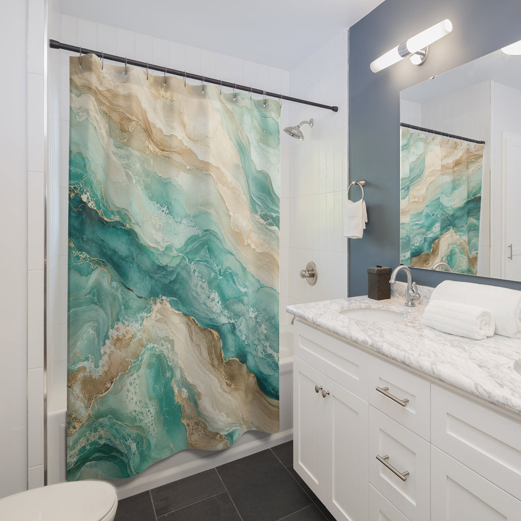 Aqua Beige Abstract Marble Shower Curtain