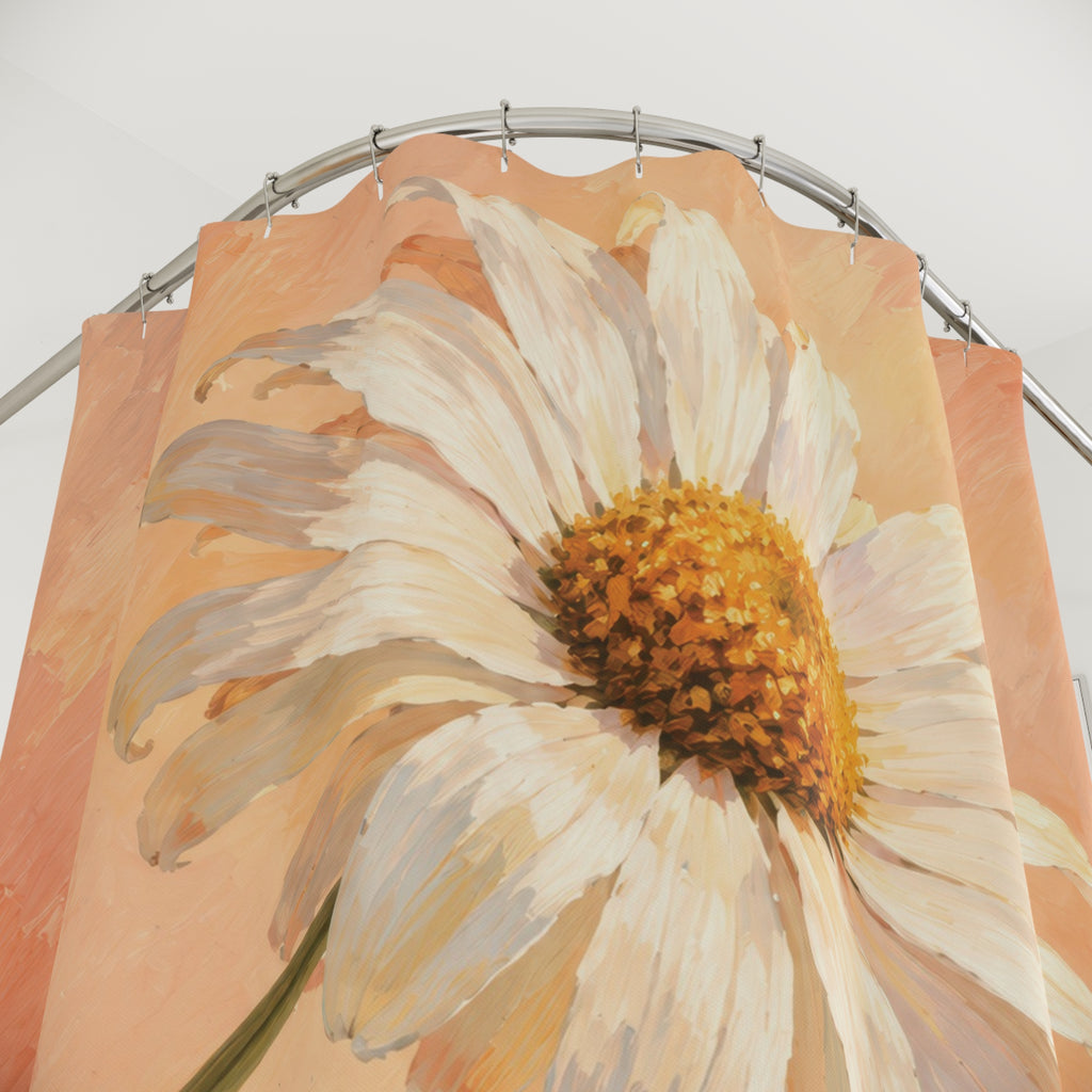 Peach field with one ivory daisy shower curtain with close-up print, hooks, and folds