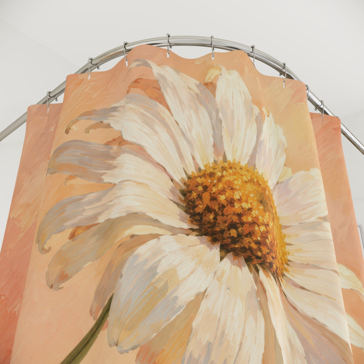 Peach field with one ivory daisy shower curtain with close-up print, hooks, and folds