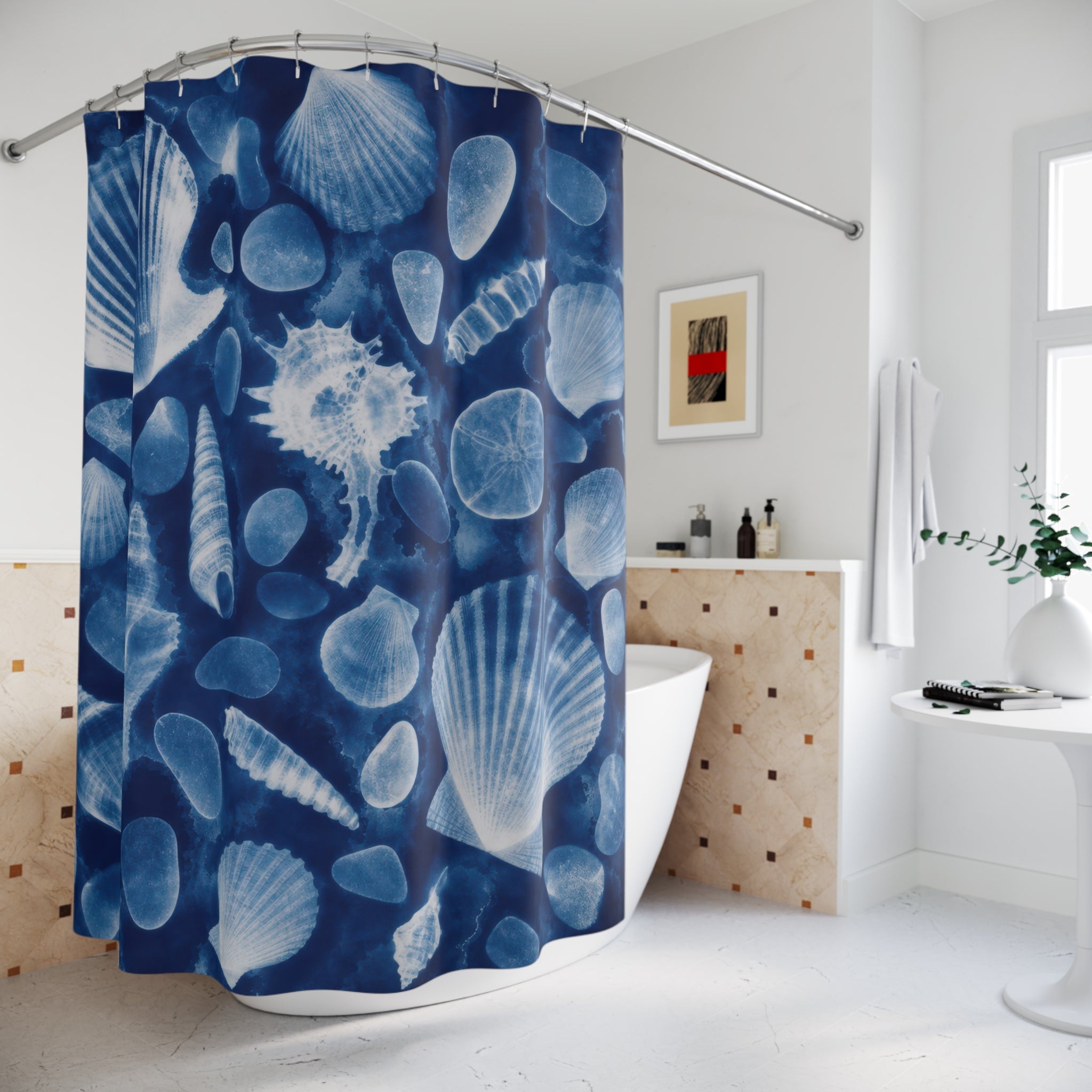 Indigo Cyanotype Shell Shower Curtain