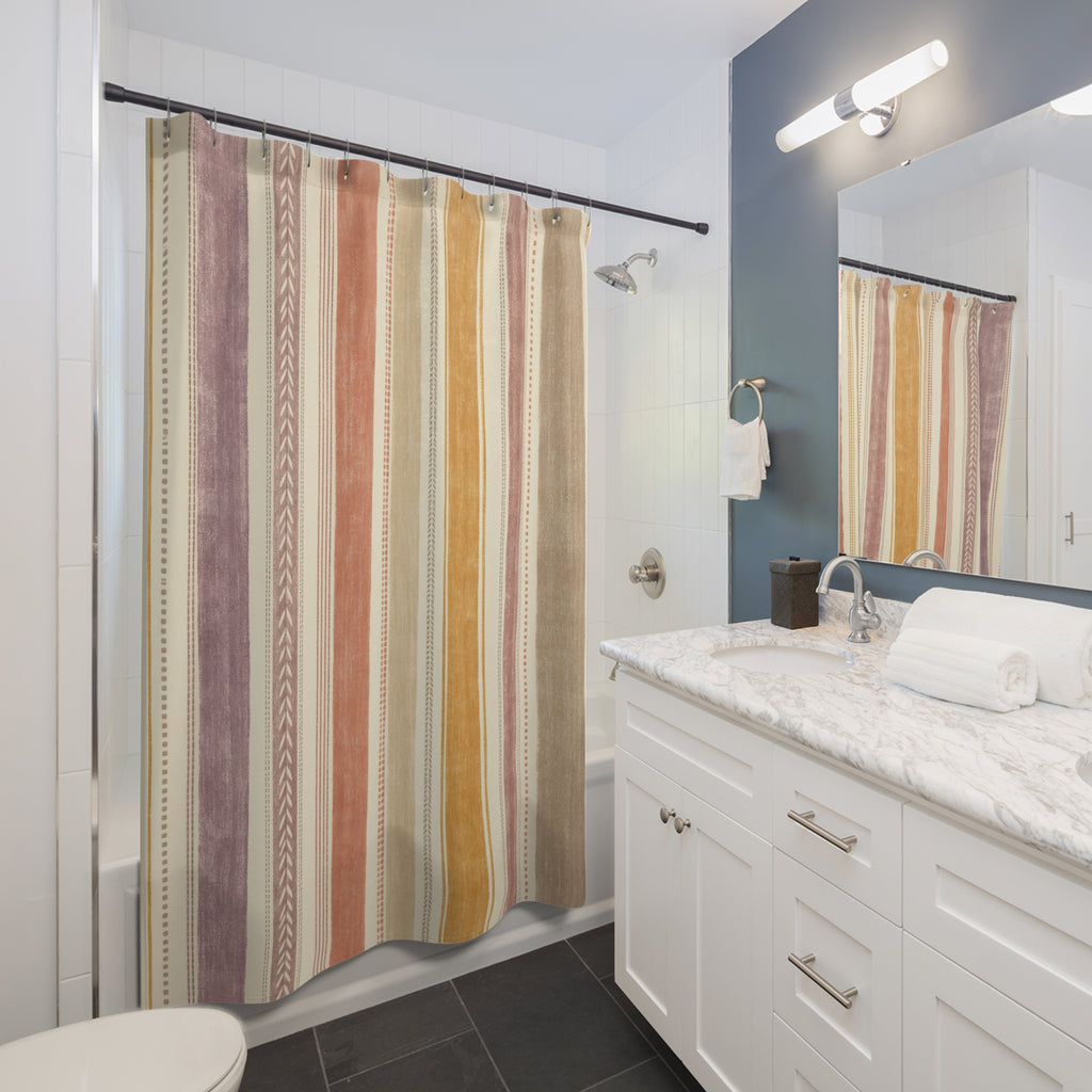 Dusty Mauve Mustard Terracotta Stripe Shower Curtain