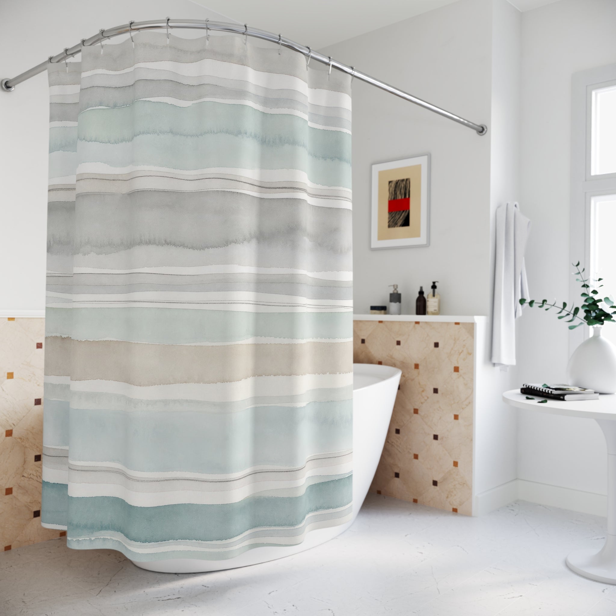 Pale Aqua Gray Watercolor Stripe Shower Curtain