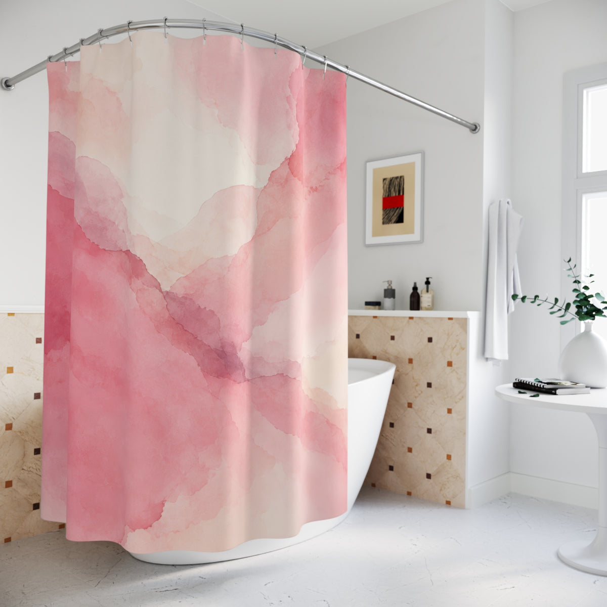 Light pink watercolor washes with mauve edges shower curtain beside a freestanding tub