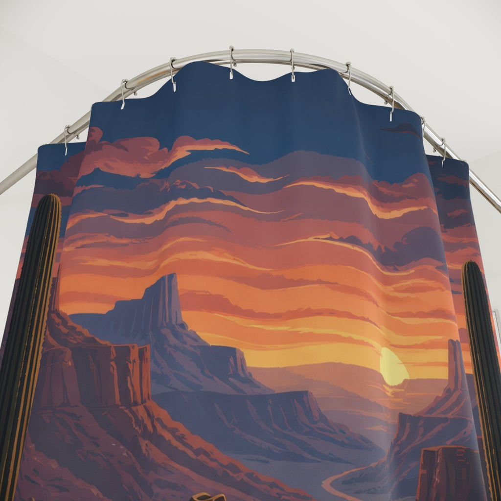 Lone cowboy walking a cactus-lined canyon trail shower curtain with close-up print, hooks, and folds