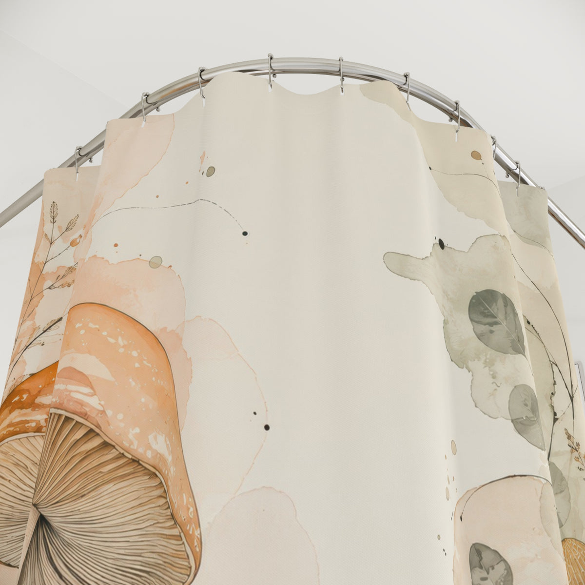 Peach and sage mushroom meadow on ivory shower curtain with close-up print, hooks, and folds