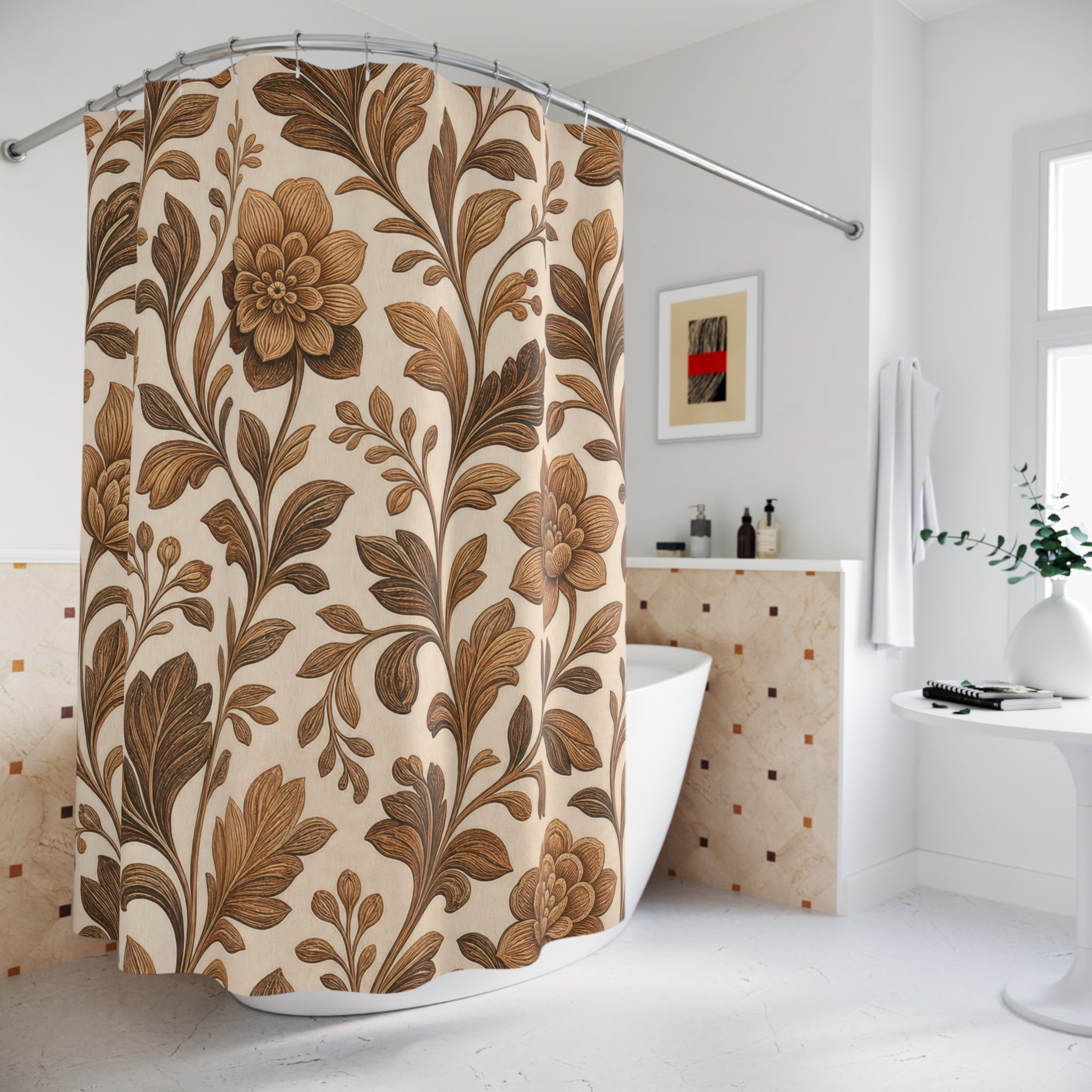 Brown Botanical Flower Shower Curtain