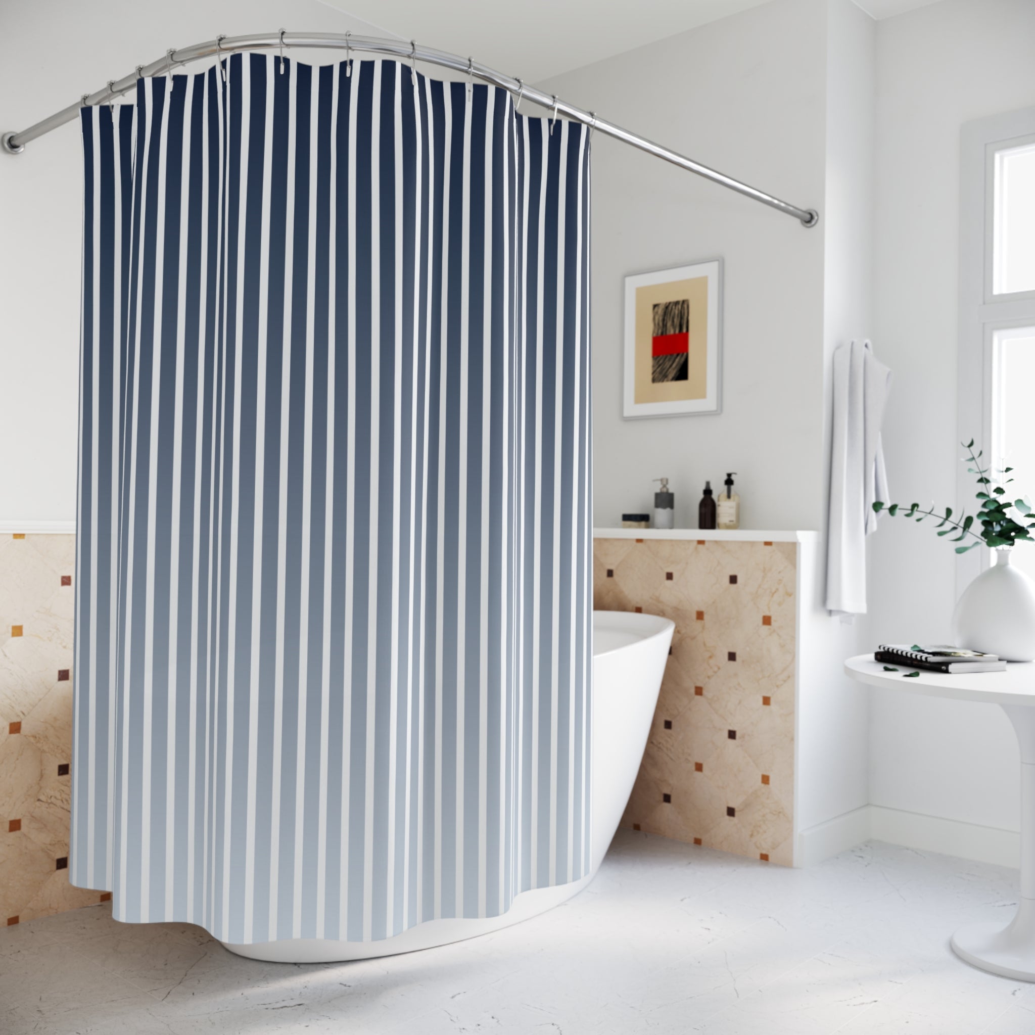 Blue and White Ombre Stripe Shower Curtain
