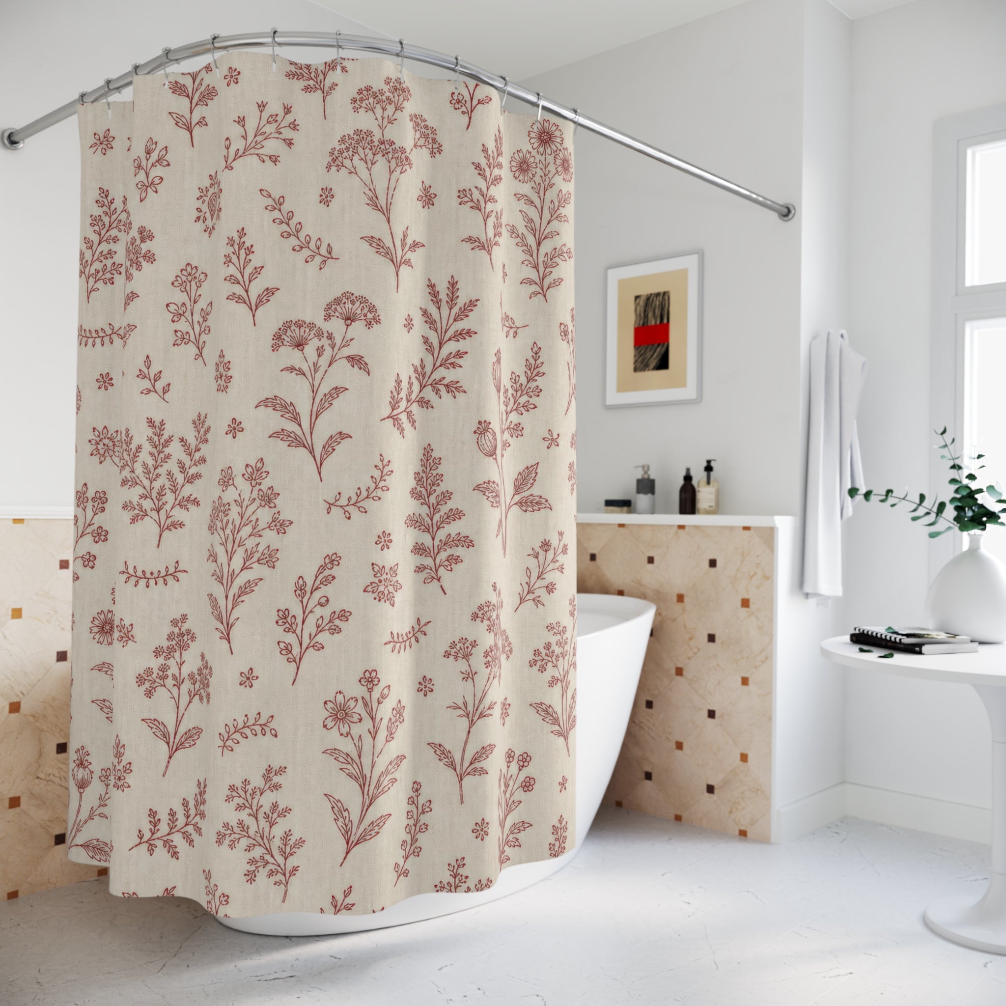 Vintage Farmhouse Red Floral Shower Curtain