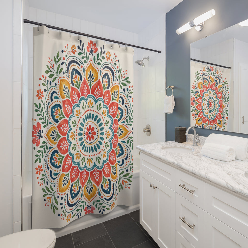Orange Teal Floral Medallion Shower Curtain