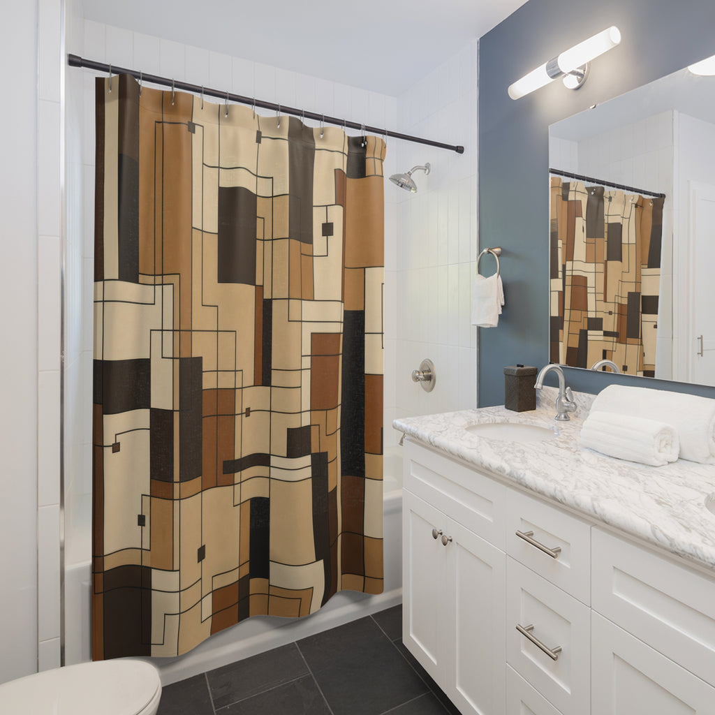Geometric Shower Curtain, Black Brown Architectural Bath Decor, Cream Tan Line Grid Pattern, Modern Neutral Guest Bathroom Decor Style