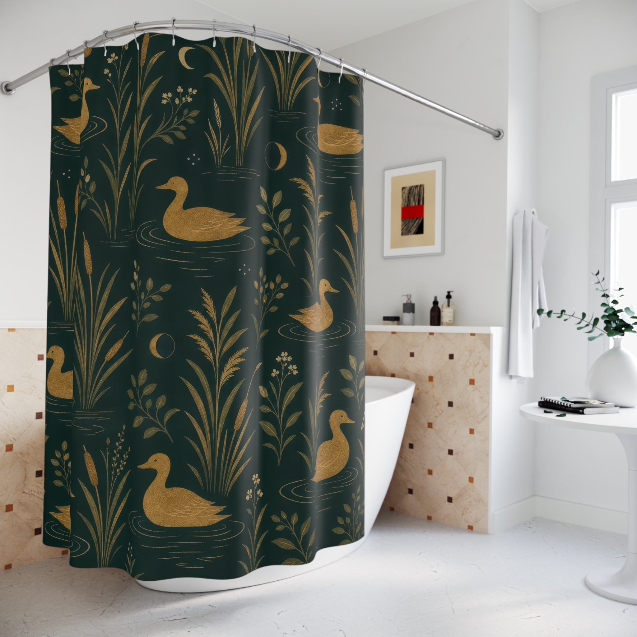 Dark Green Gold Duck Shower Curtain
