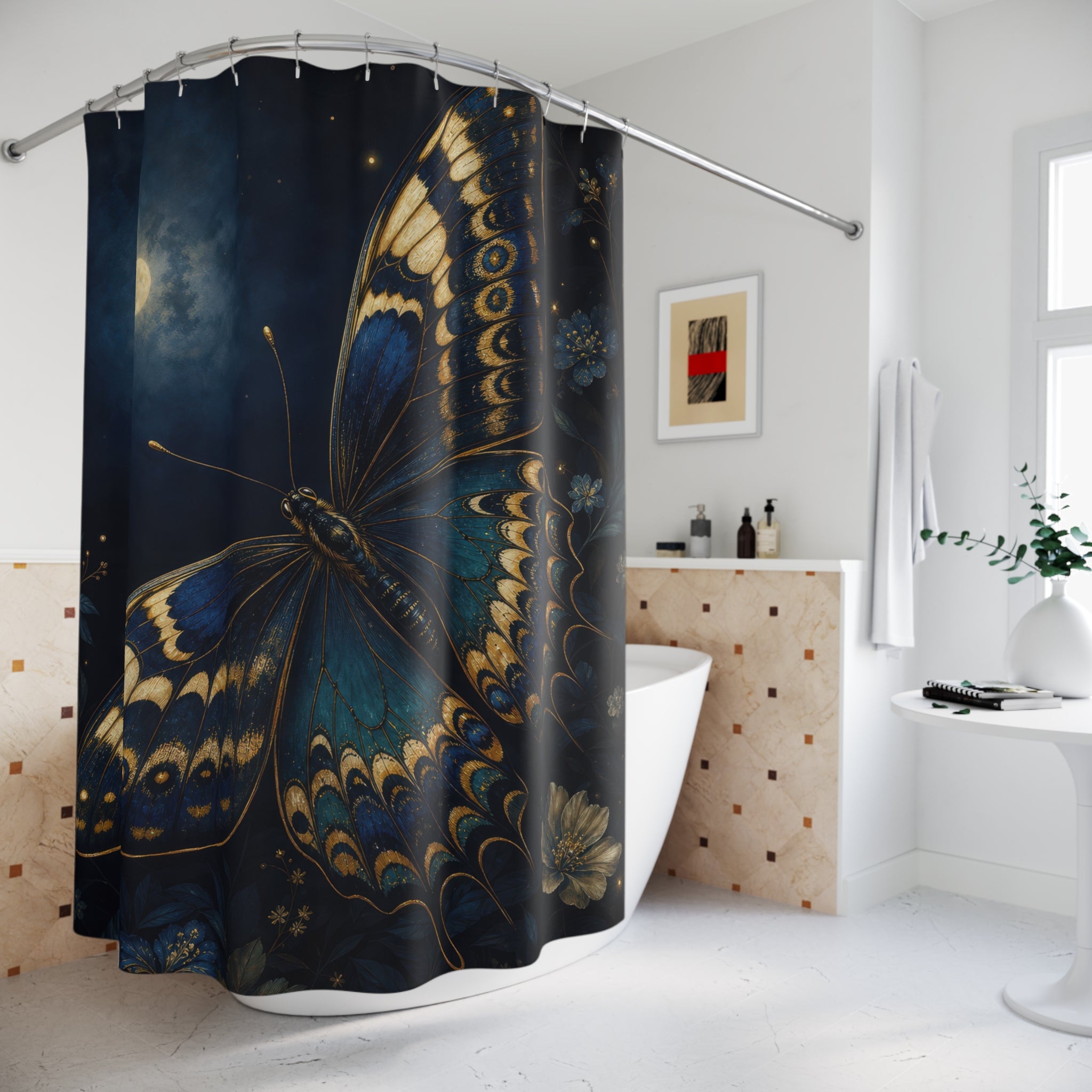 Blue Moonlit Butterfly Shower Curtain