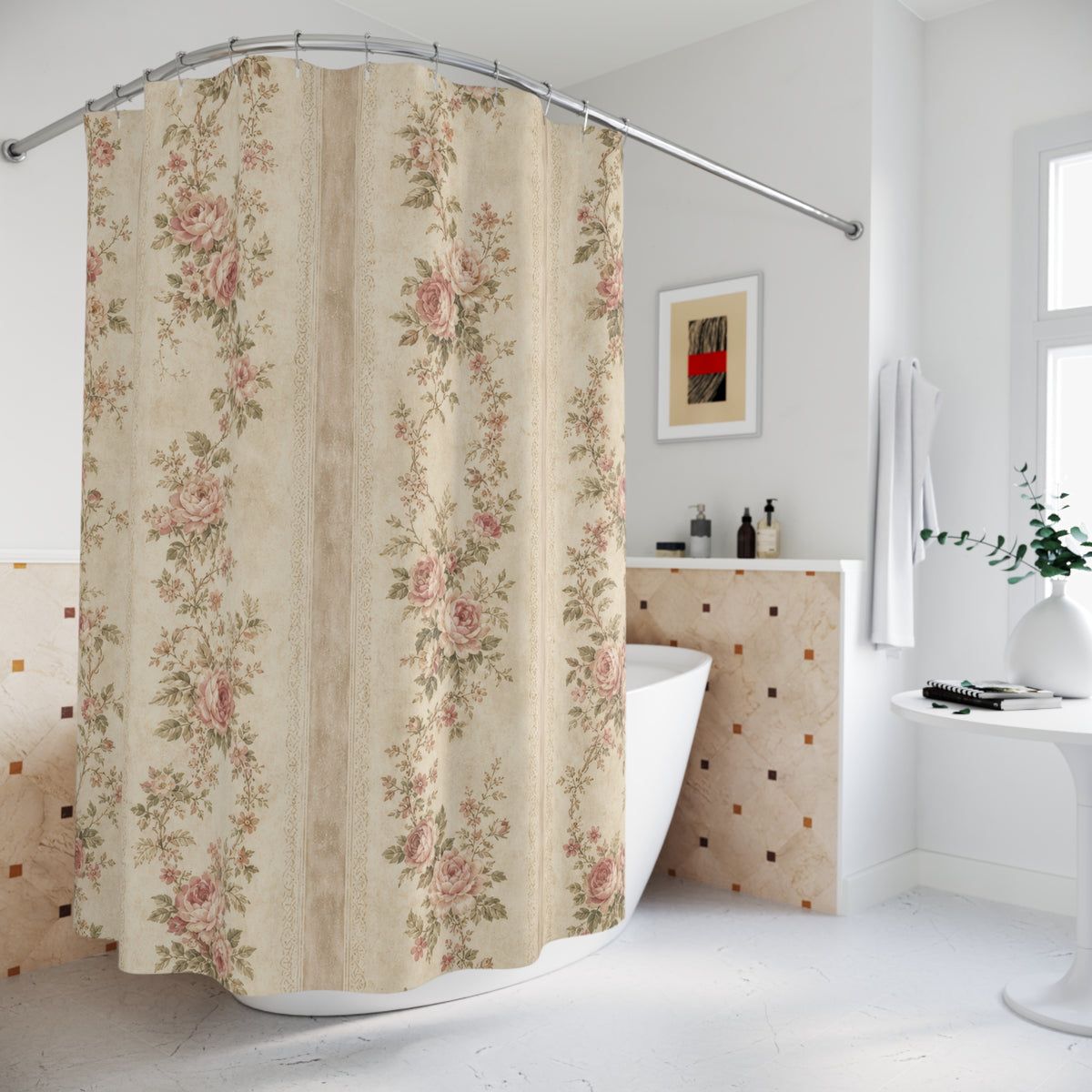 Pink Rose Vintage striped floral shower curtain beside a freestanding tub