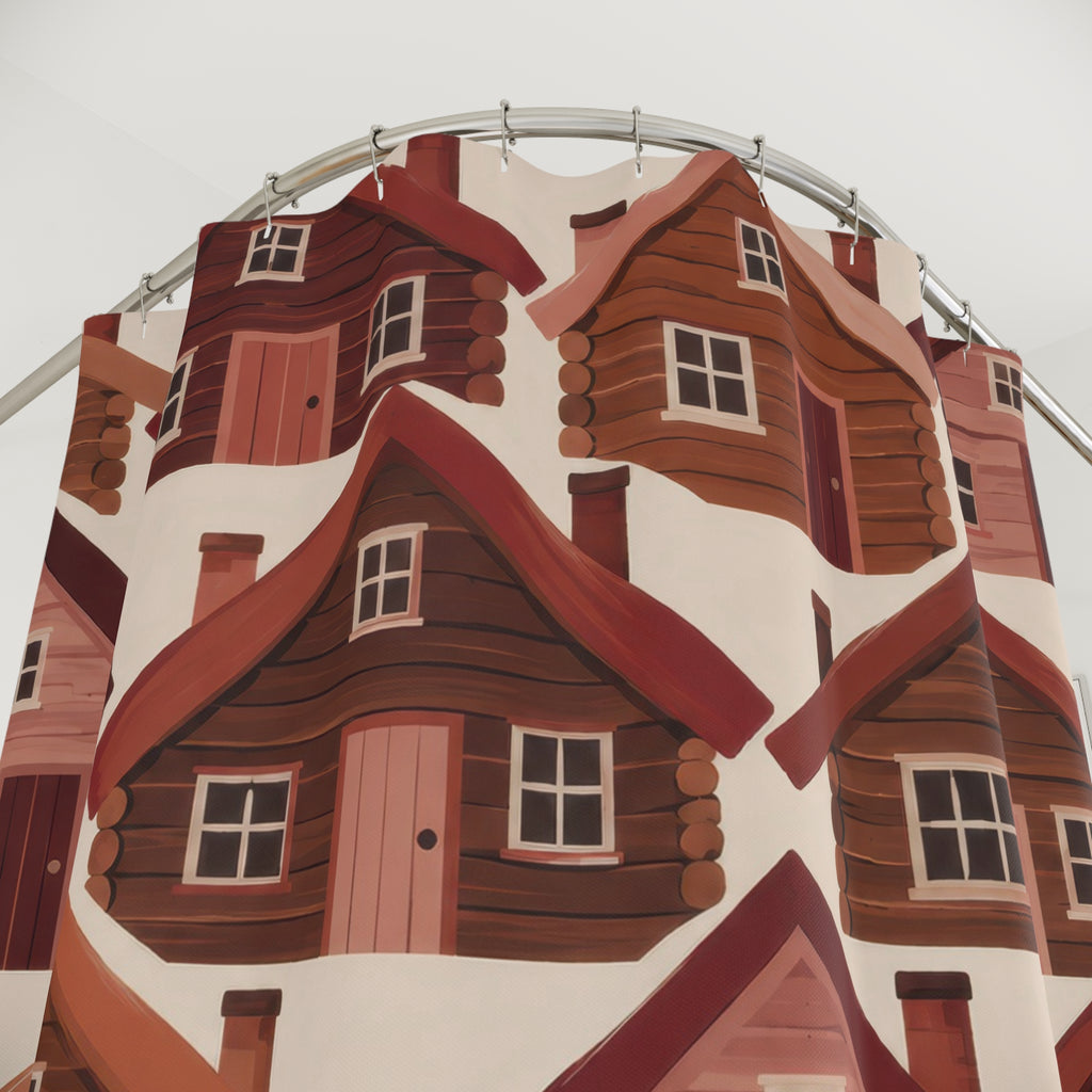 Terracotta and rose log cabin pattern shower curtain with close-up print, hooks, and folds