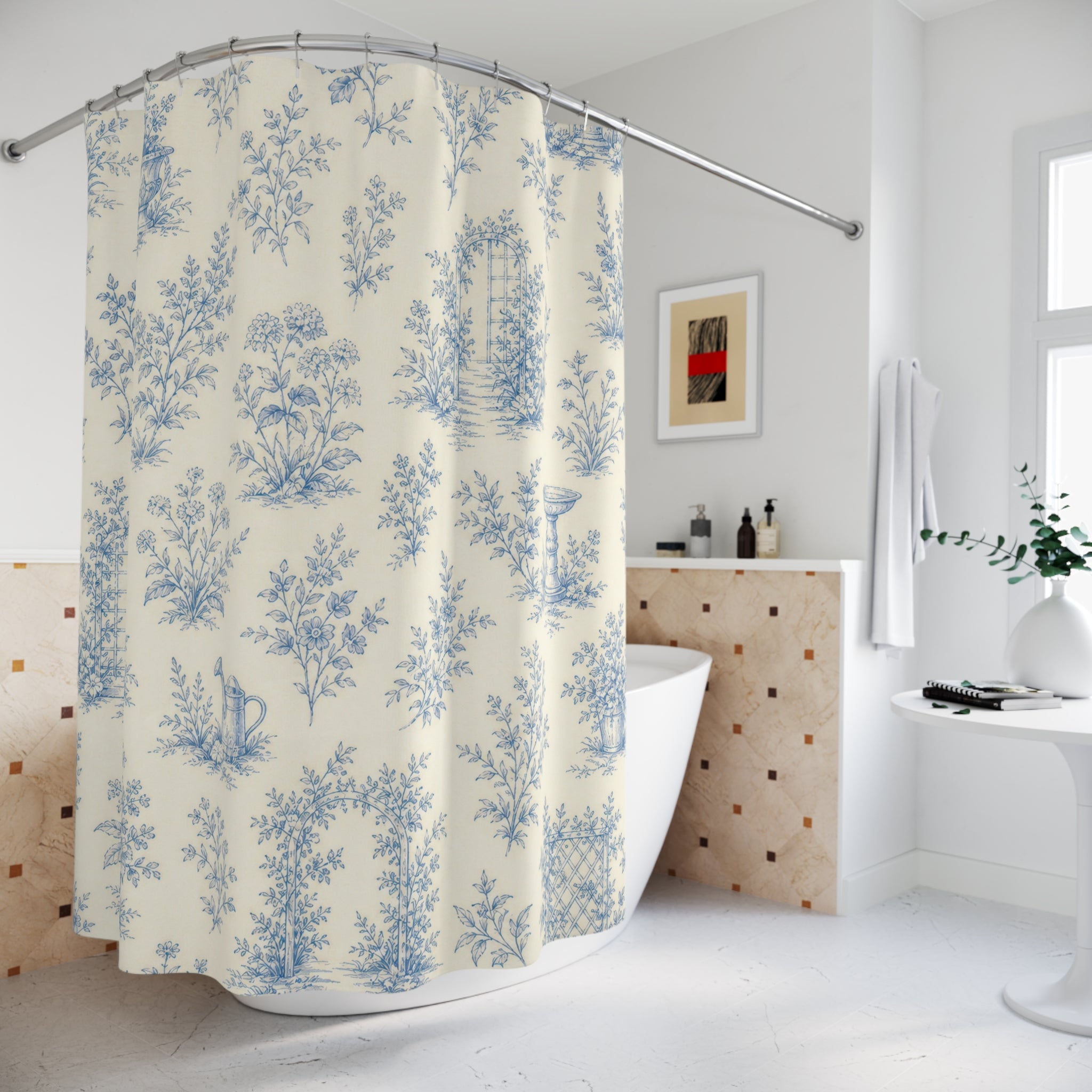 Blue White Country Garden Floral Shower Curtain