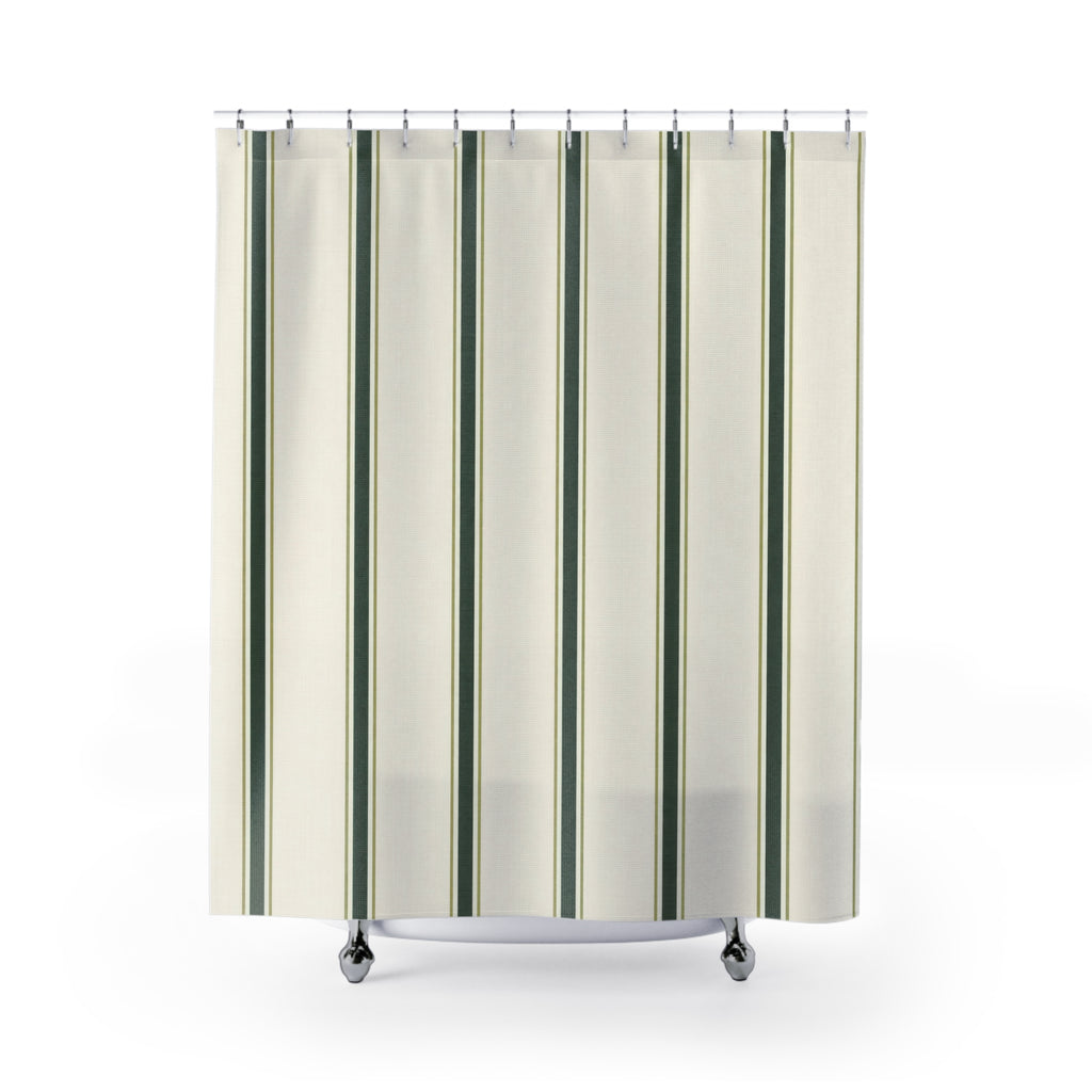 Green Striped Shower Curtain, Dark Green Pinstripe Bath Decor, Cream Farmhouse Pattern, Guest Bathroom Style, Classic Green Stripe Style