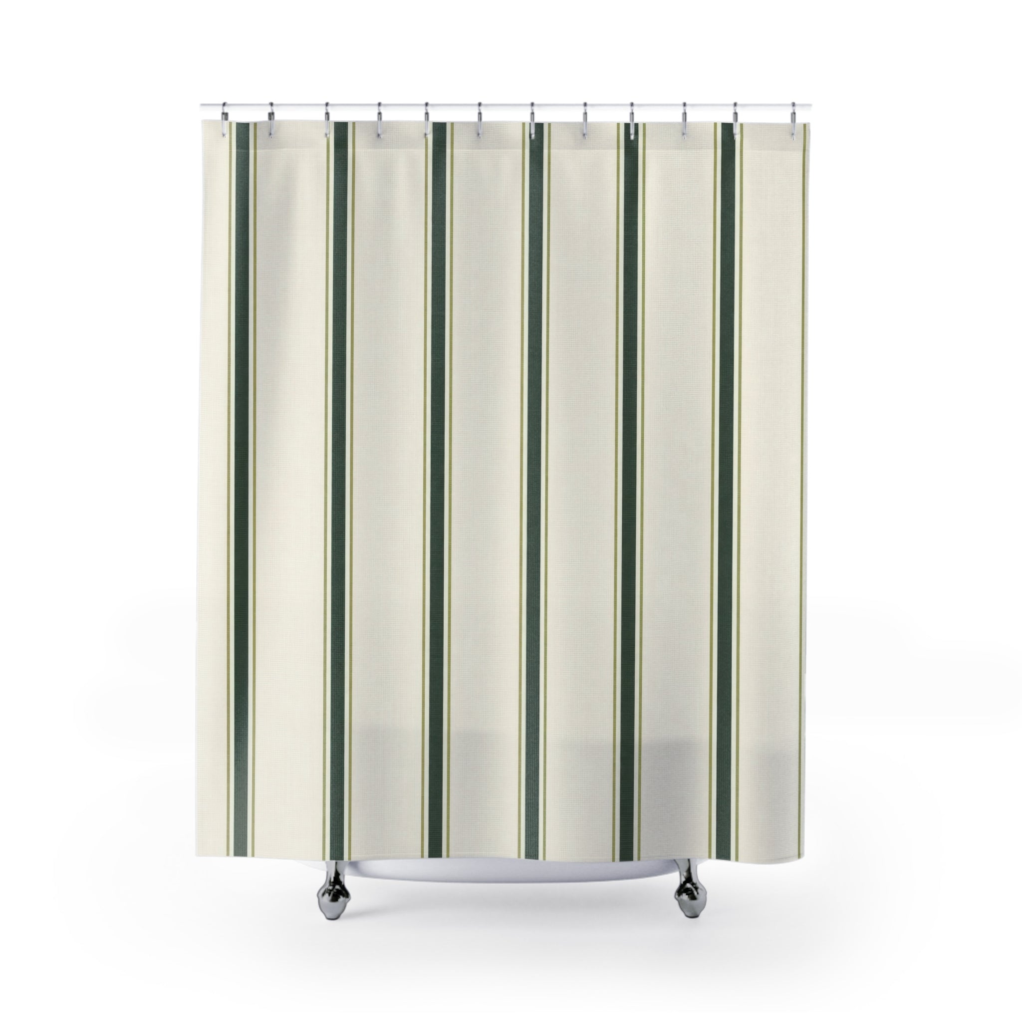 Green Striped Shower Curtain, Dark Green Pinstripe Bath Decor, Cream Farmhouse Pattern, Guest Bathroom Style, Classic Green Stripe Style