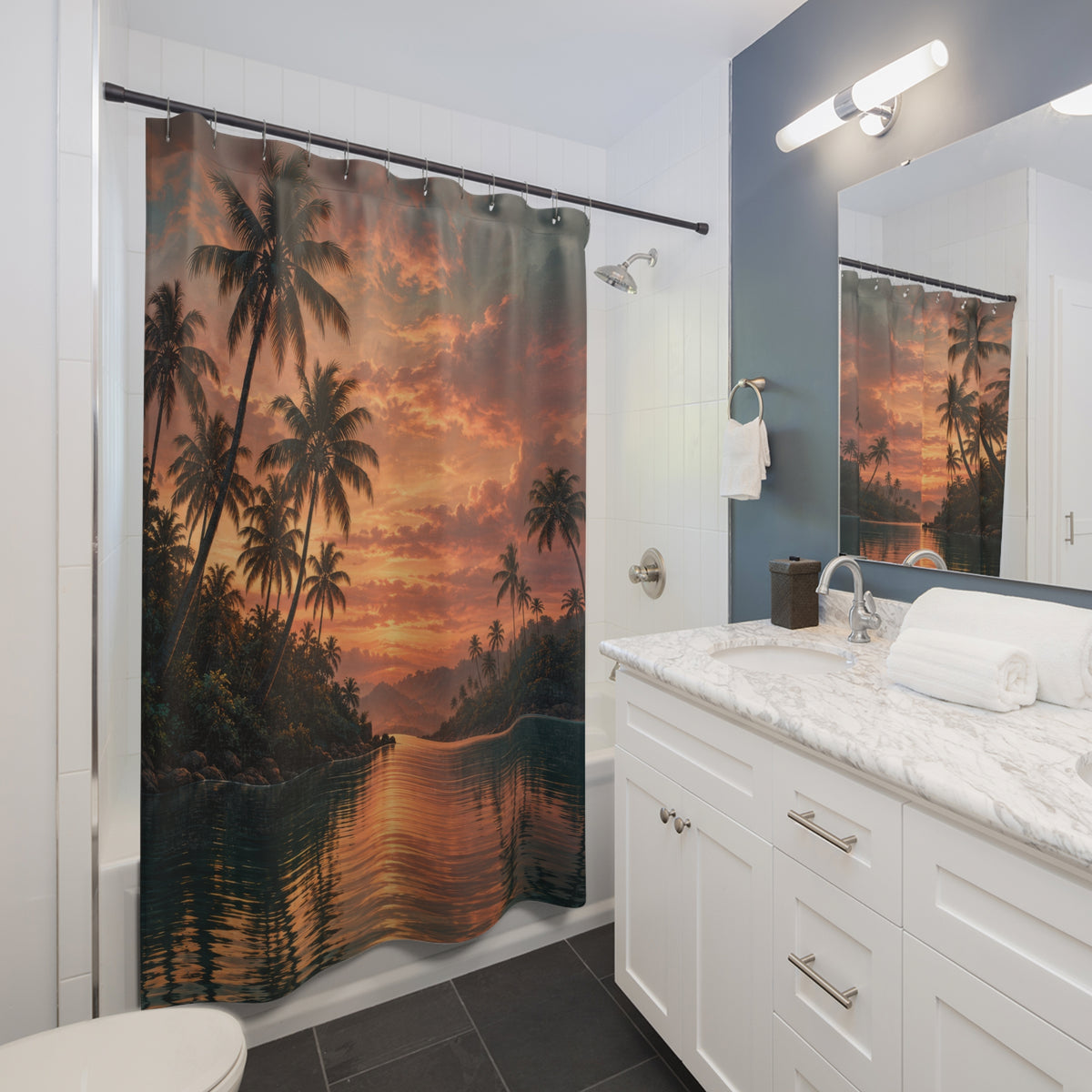 Dark palm trees reflected in teal water under a copper sunset shower curtain beside a white vanity