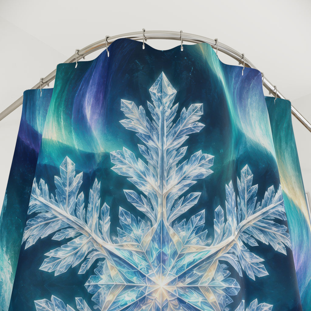Aurora blue teal snowflake crystal shower curtain with close-up print, hooks, and folds