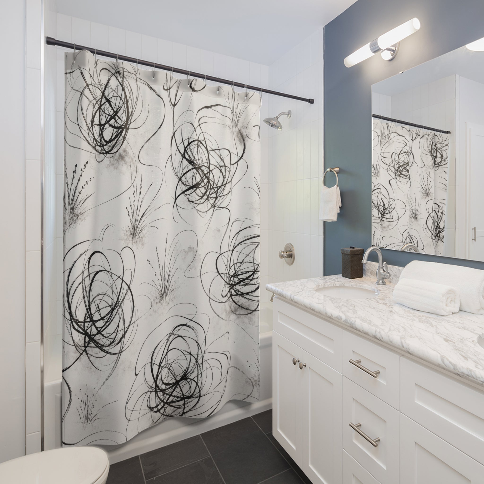 Black White Floral Shower Curtain