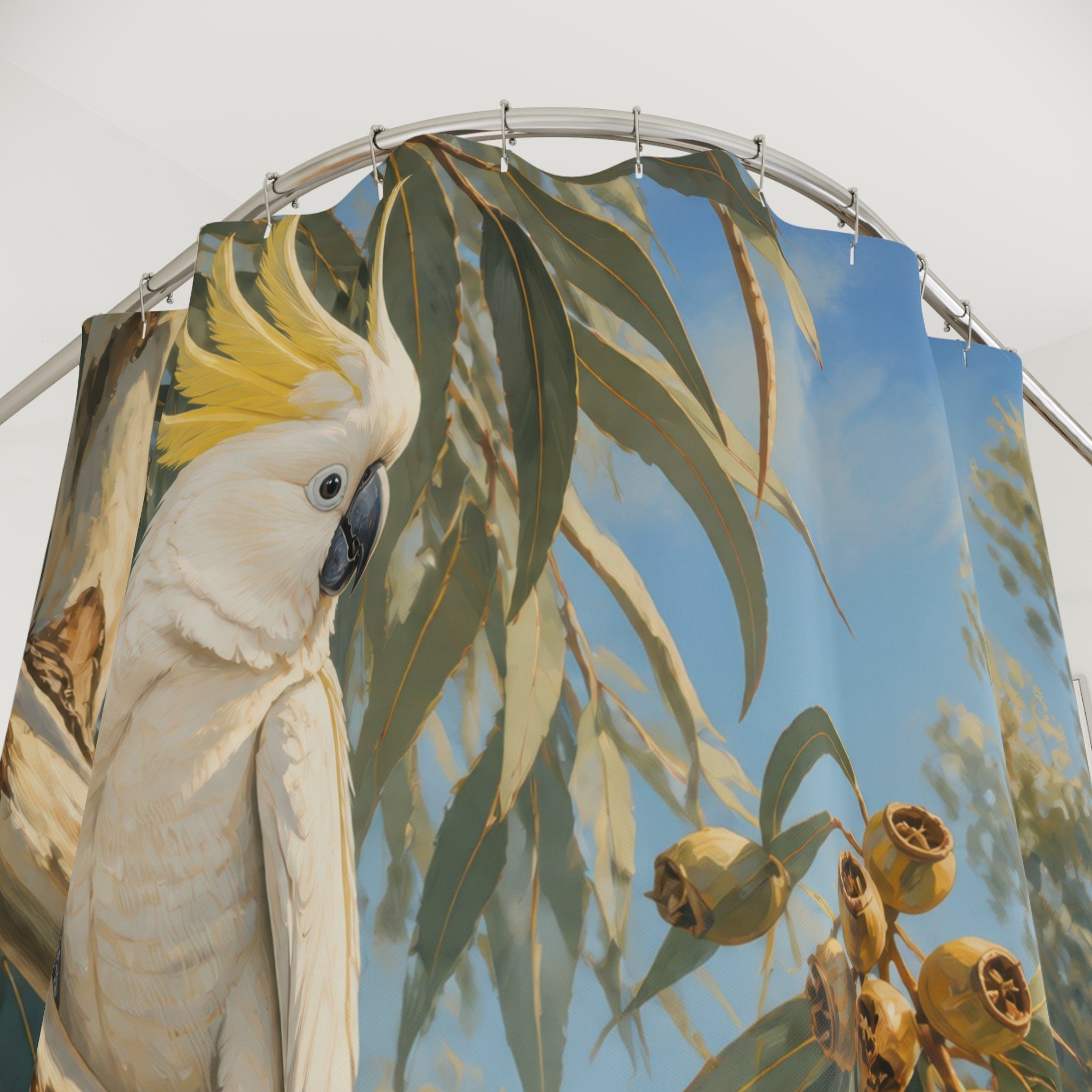 Close-up of White sulphur crested cockatoo among sunlit eucalyptus leaves shower curtain with hooks and folds