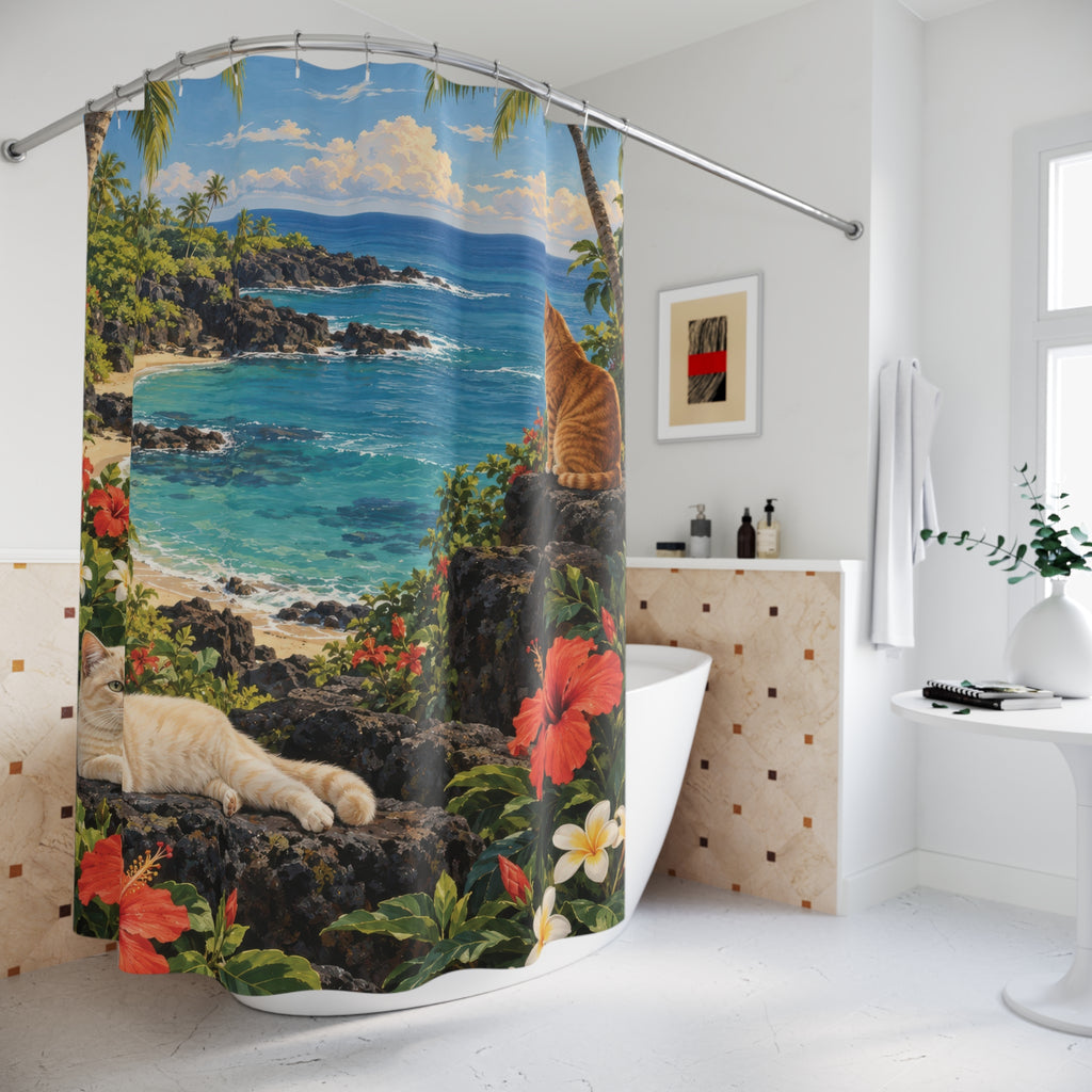 Hawaiian cats beside a turquoise cove shower curtain beside a freestanding tub