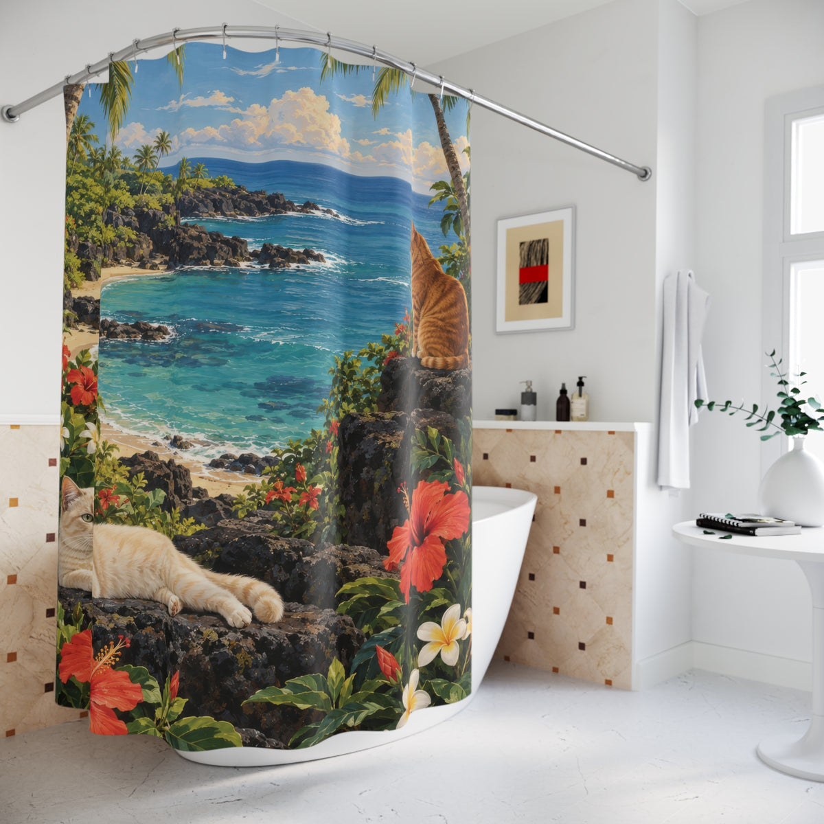 Hawaiian cats beside a turquoise cove shower curtain beside a freestanding tub
