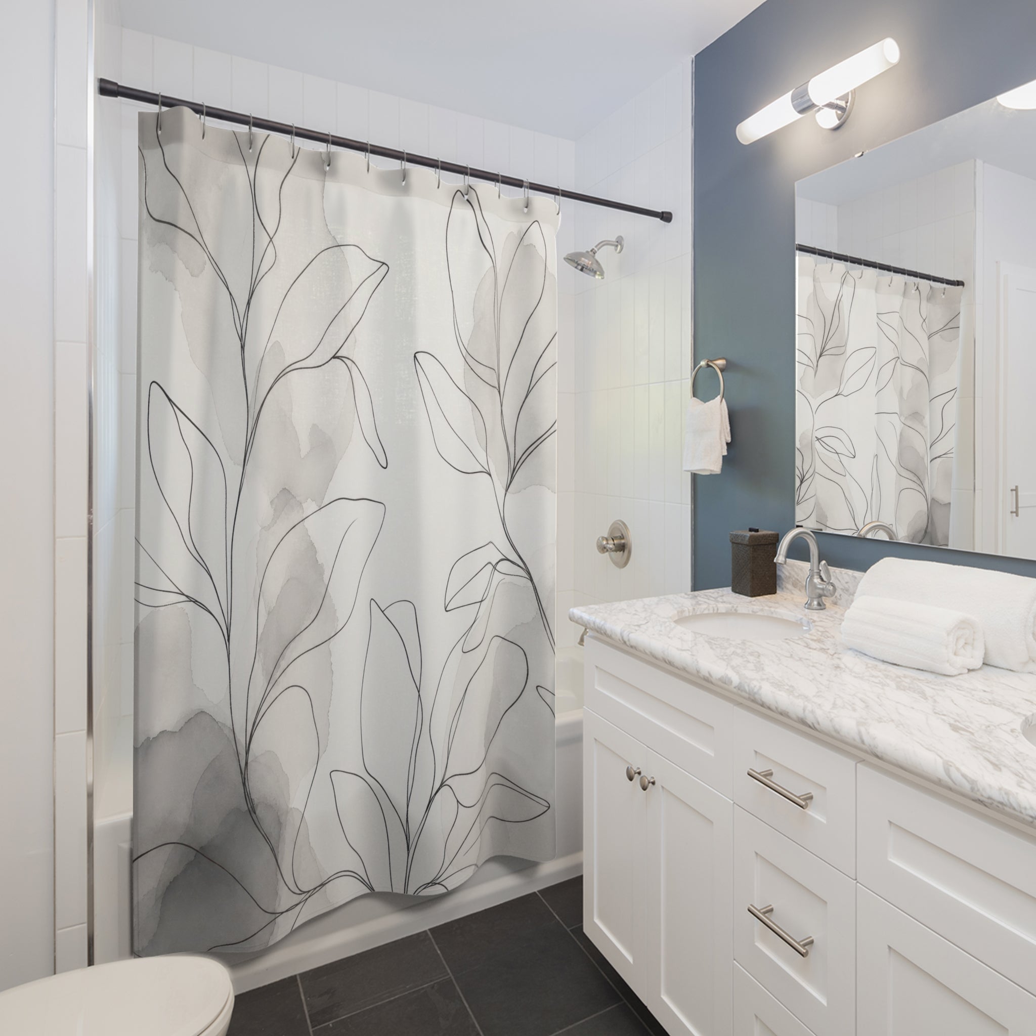 Grey Line Leaf Shower Curtain