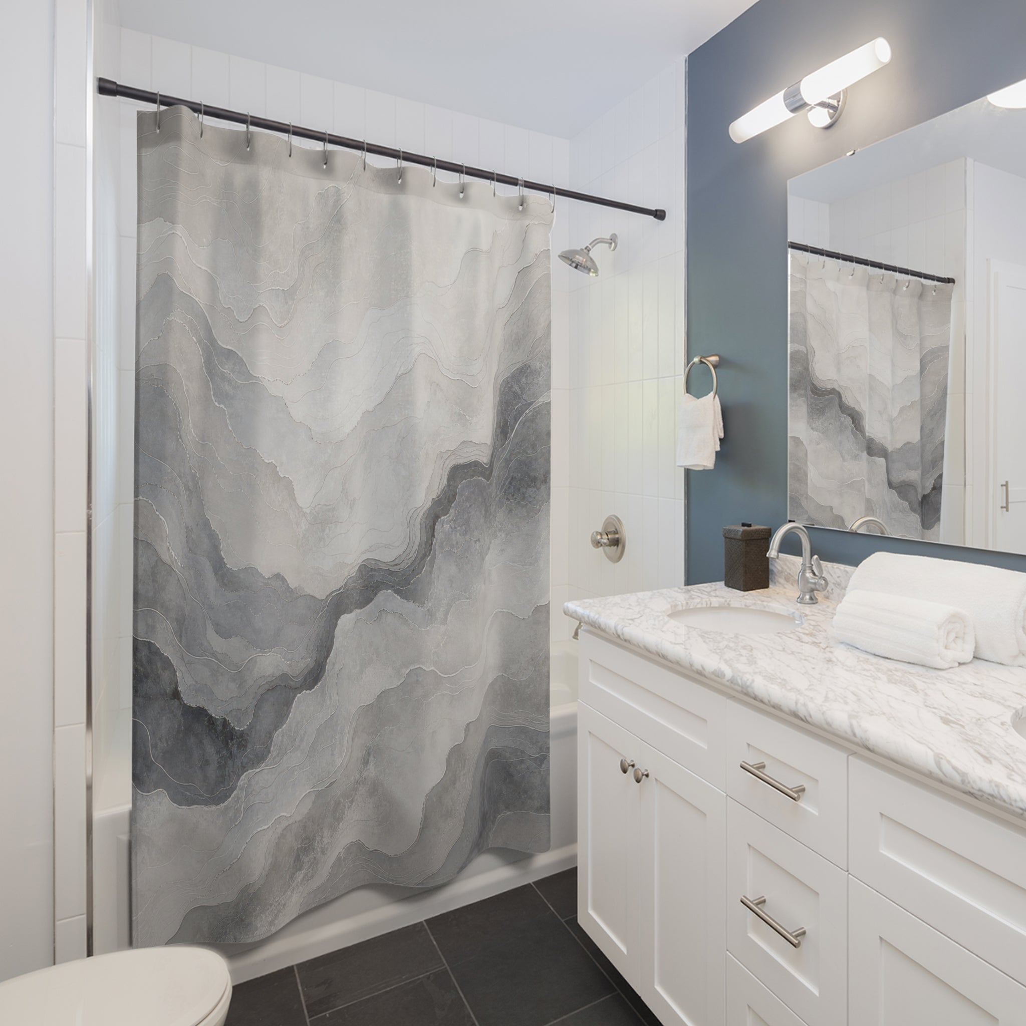 Gray Watercolor Abstract Modern Landscape Black Shower Curtain