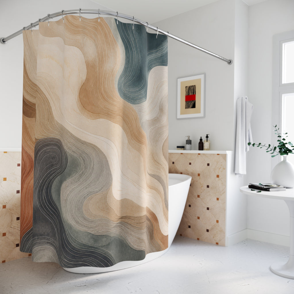 Rust Blue Gray Topographic Line Shower Curtain