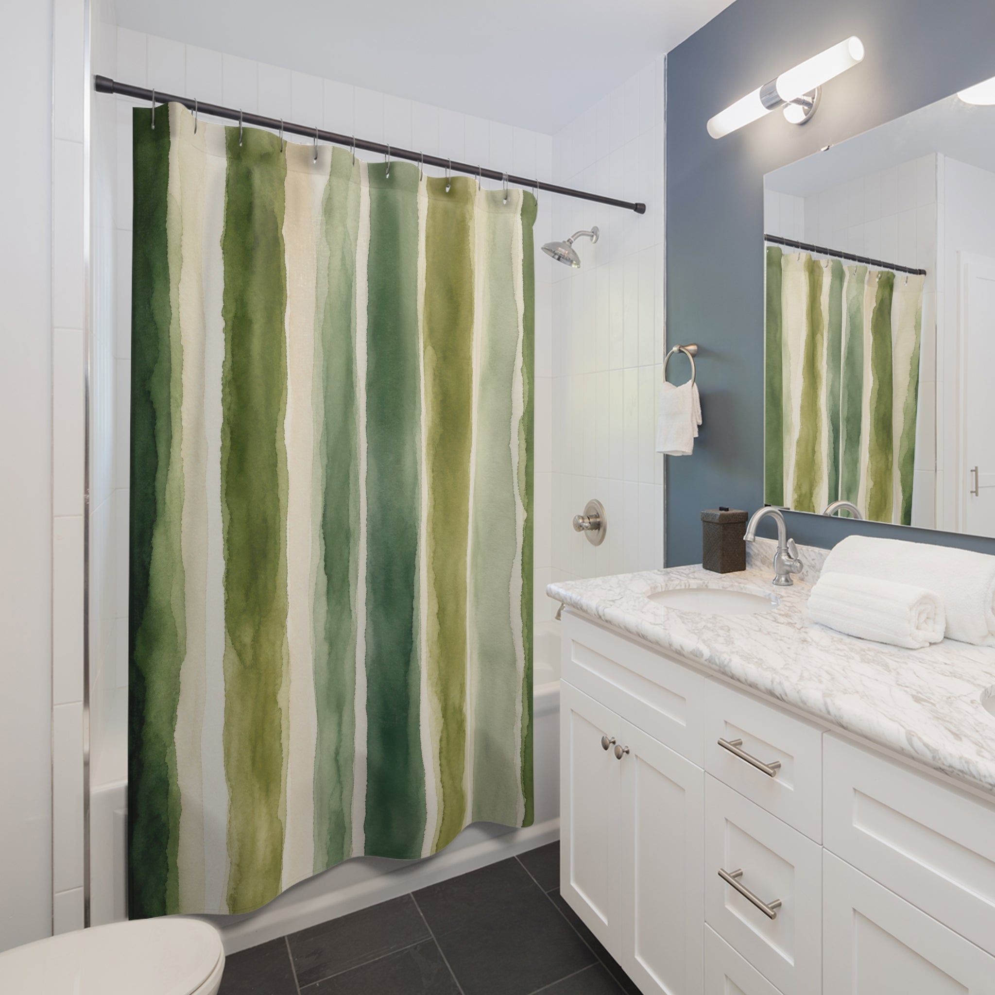 Forest Sage Green Brush Stripe Watercolor Striped Modern Cream Shower Curtain