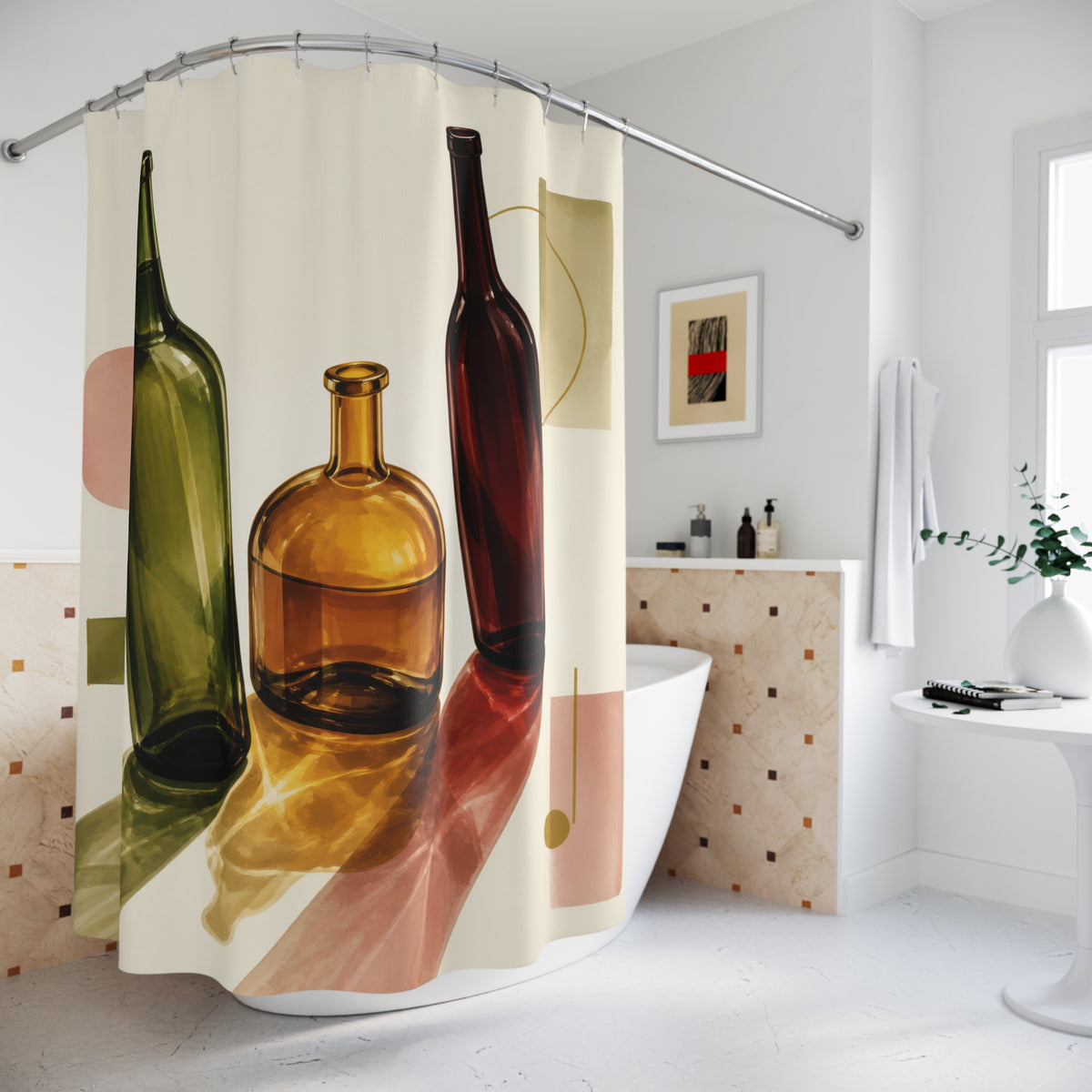 Green amber and burgundy wine bottle still life shower curtain beside a freestanding tub