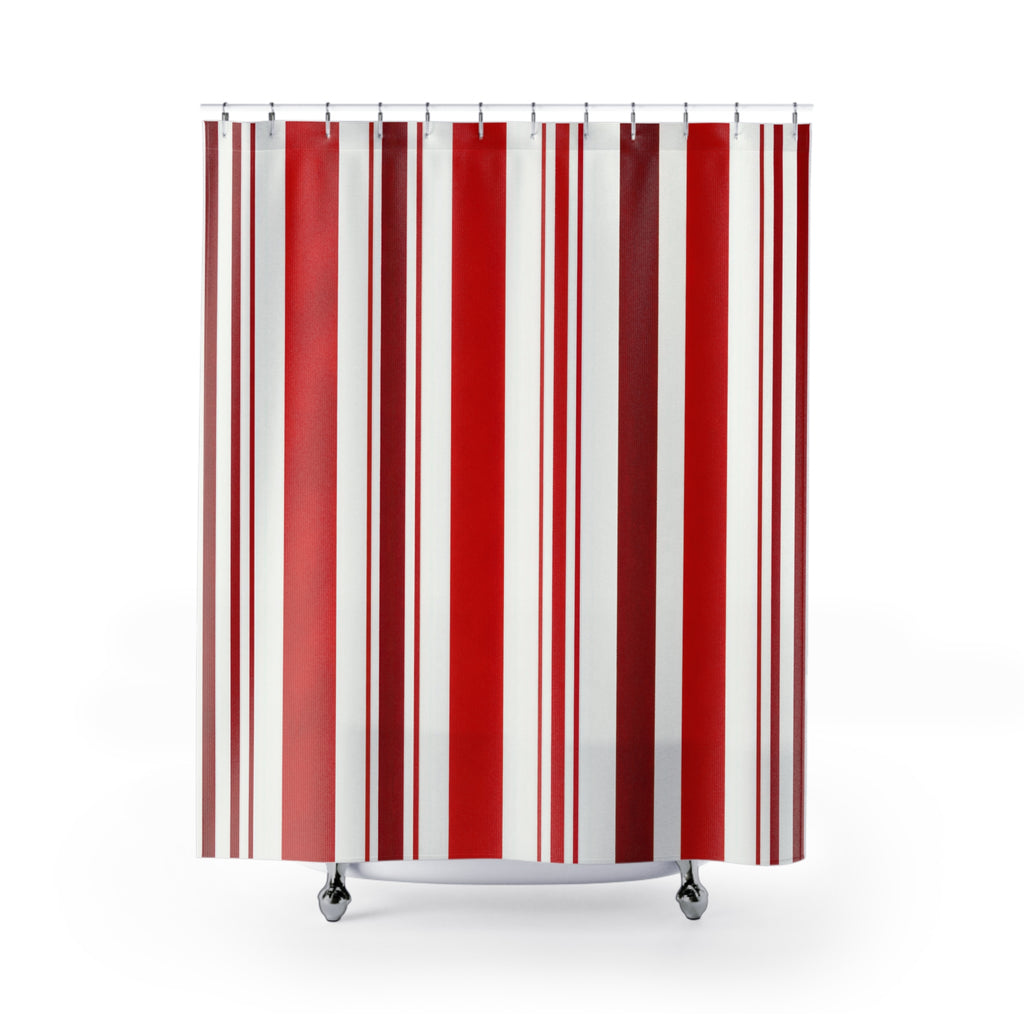 Red and White Striped Shower Curtain, Cabana Stripe Bath Decor, Bold Vertical Stripe Pattern, Classic Guest Bathroom, Tailored Red Bath