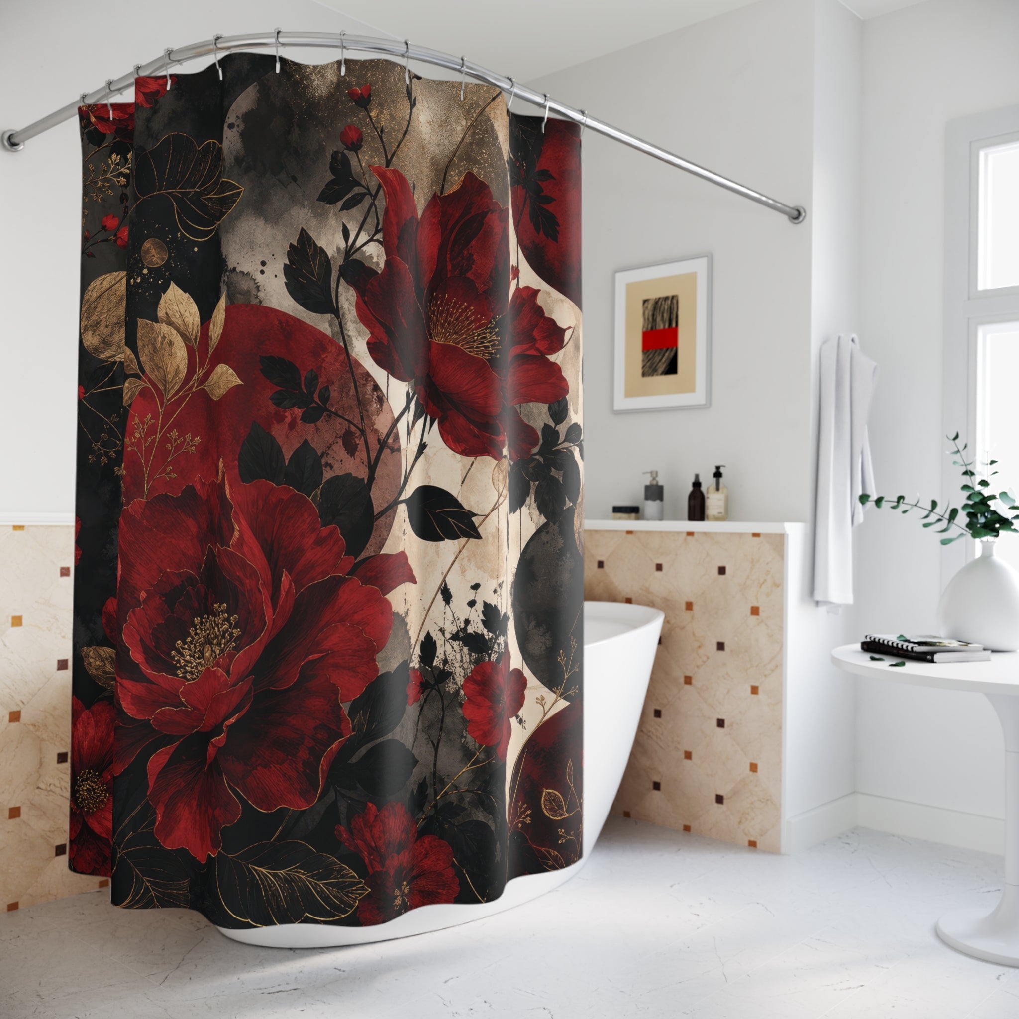 Red and Black Shower Curtain: Dark Floral Rose Pattern