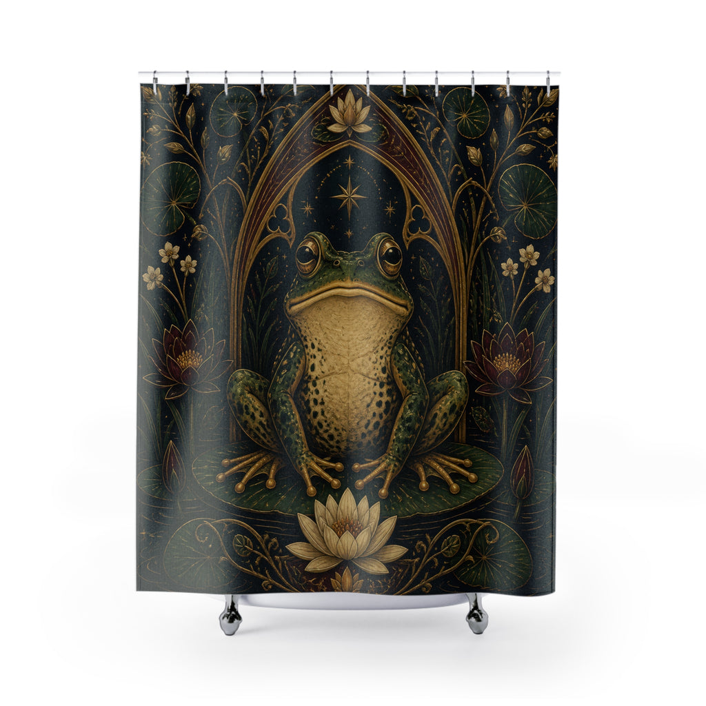 Regal frog framed by gothic lotus flowers shower curtain with full front view