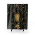 Regal frog framed by gothic lotus flowers shower curtain with full front view