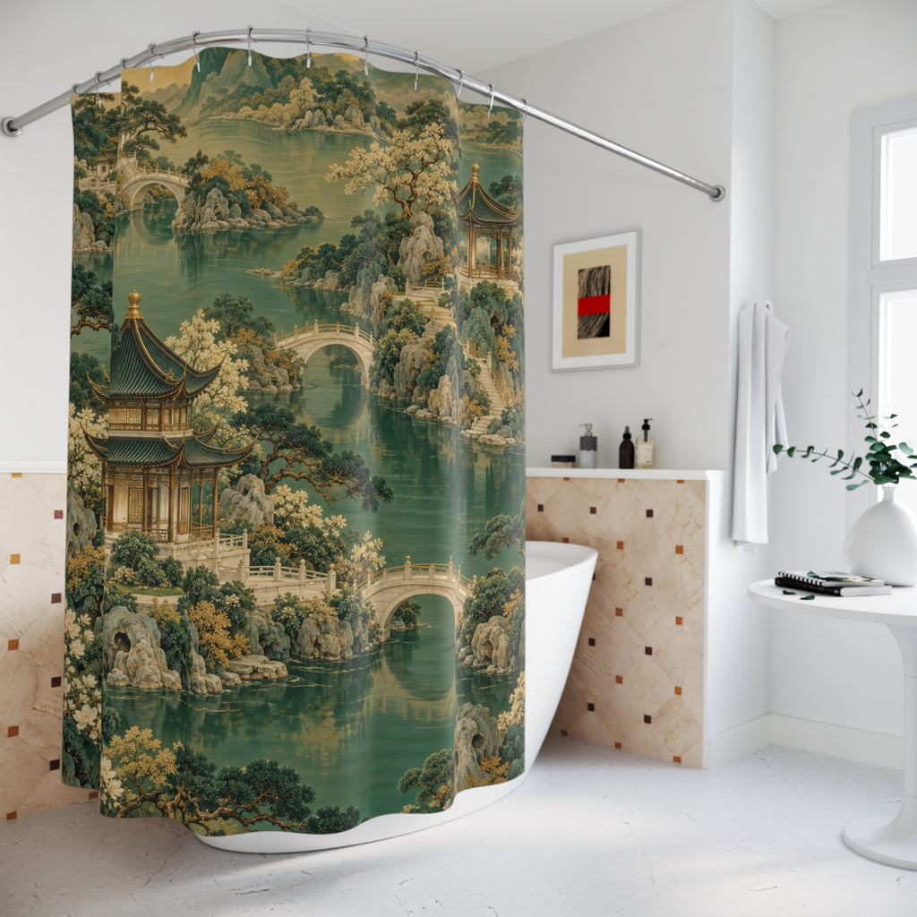 Jade Chinoiserie pavilions and arched bridges shower curtain beside a freestanding tub