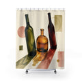Green amber and burgundy wine bottle still life shower curtain with full front view
