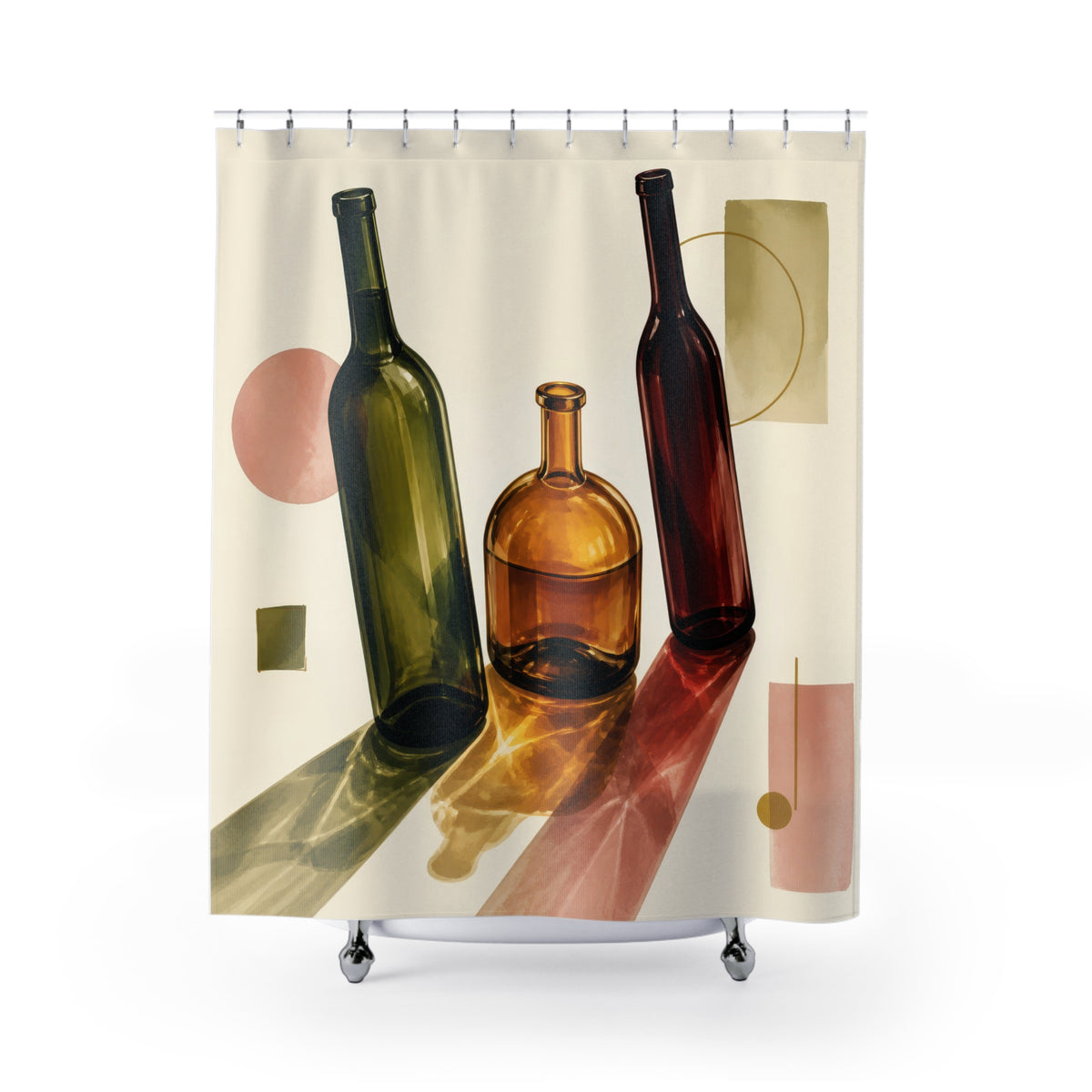 Green amber and burgundy wine bottle still life shower curtain with full front view