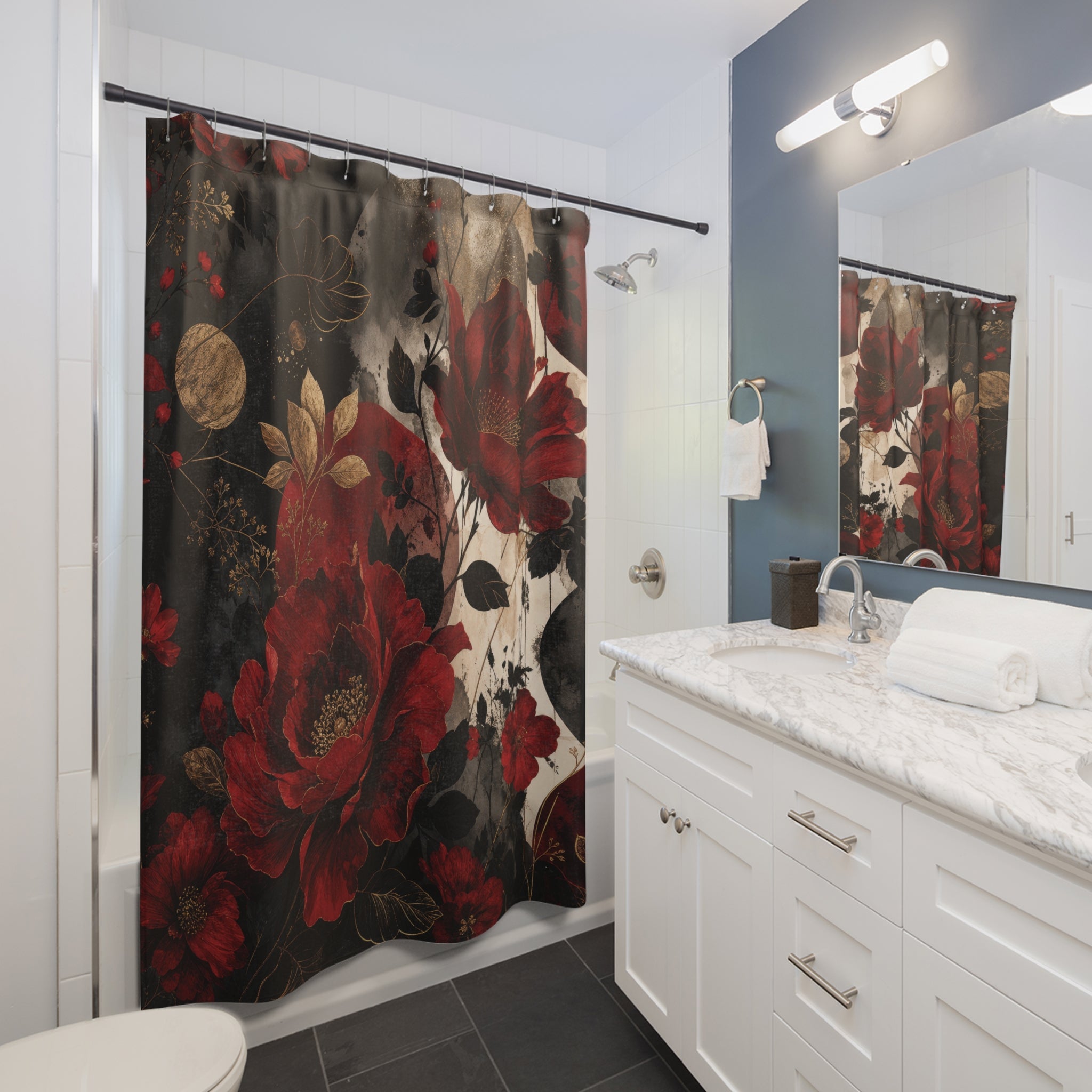 Red and Black Shower Curtain: Dark Floral Rose Pattern