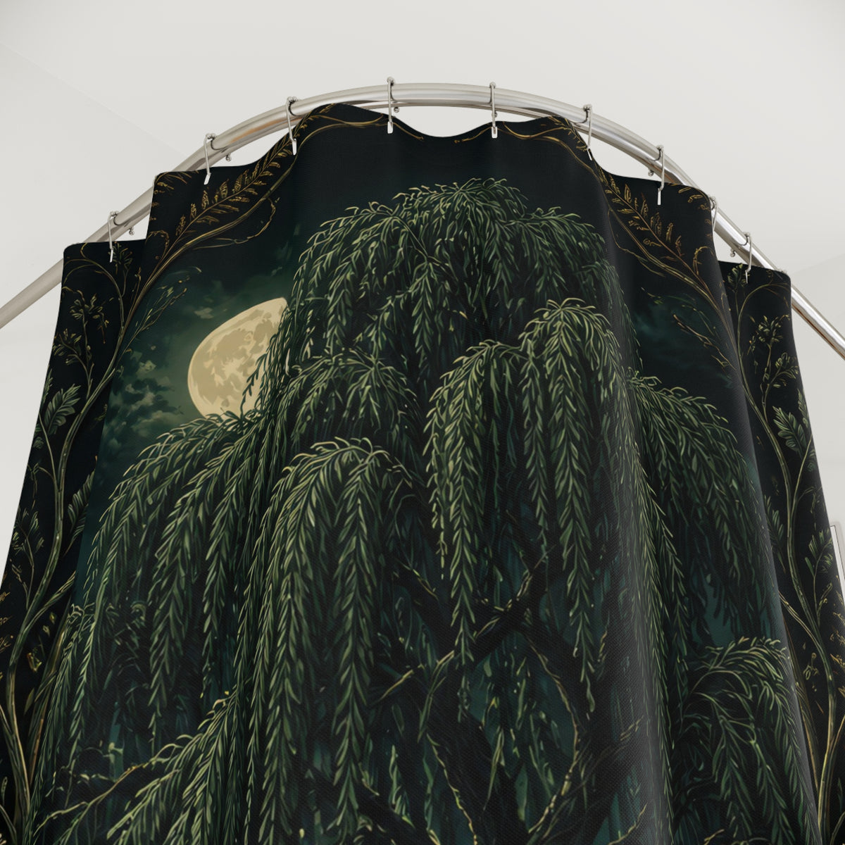 Moonlit willow tree and pond in a botanical frame shower curtain with close-up print, hooks, and folds