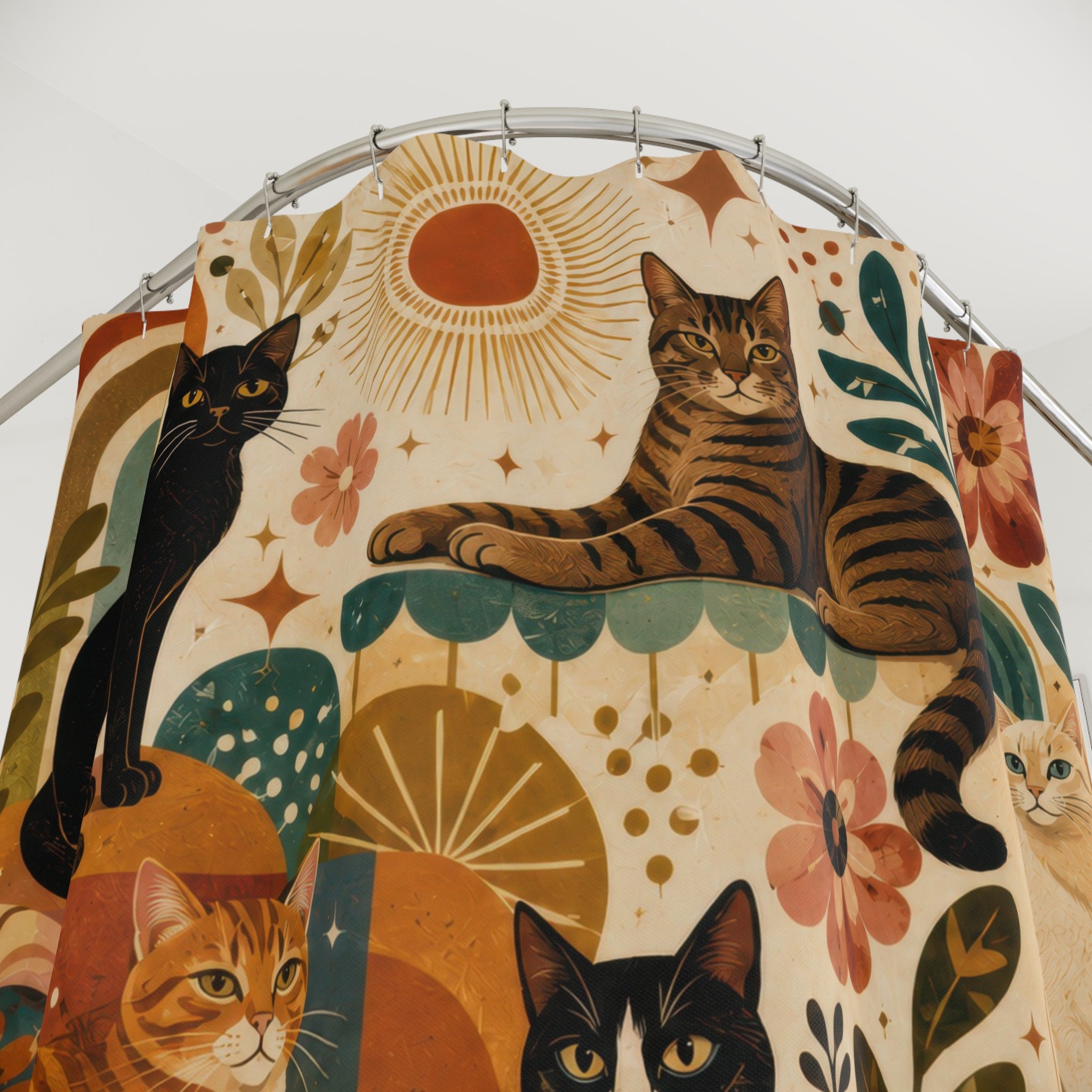 Retro Cat Floral Shower Curtain